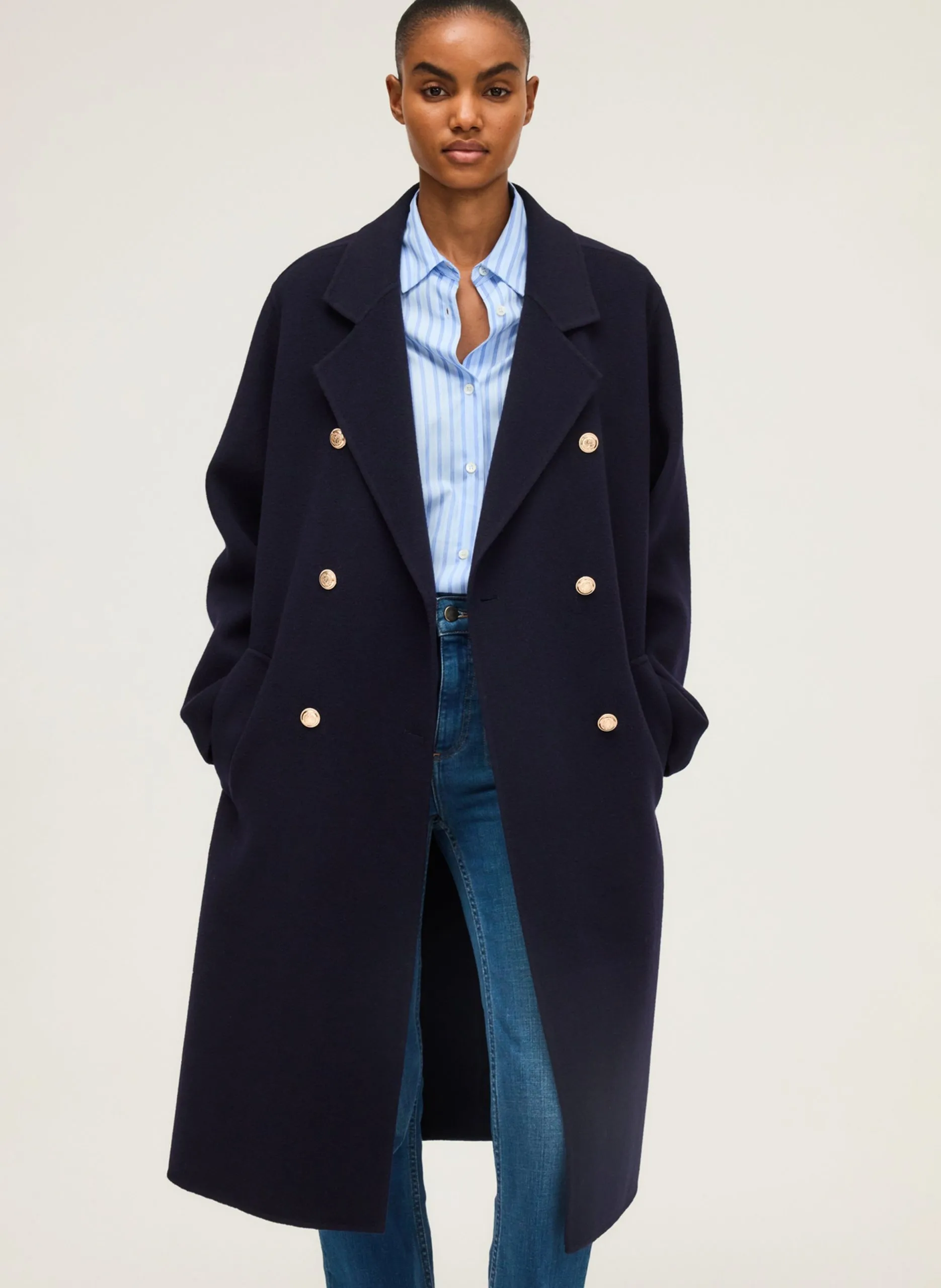 Manteau long col tailleur en laine Bleu MARISOL