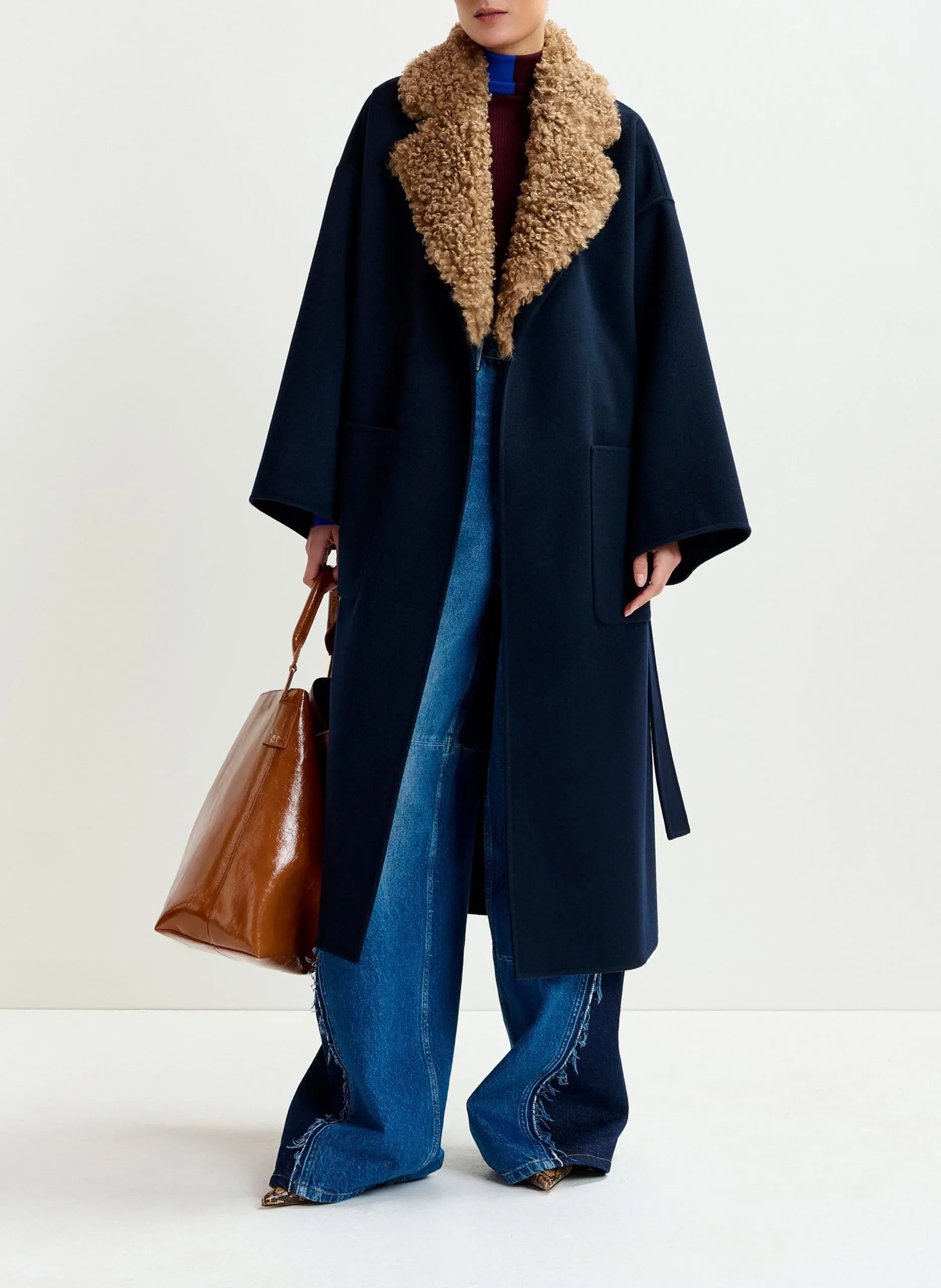 Manteau uni ceinturé en laine Bleu IRNO