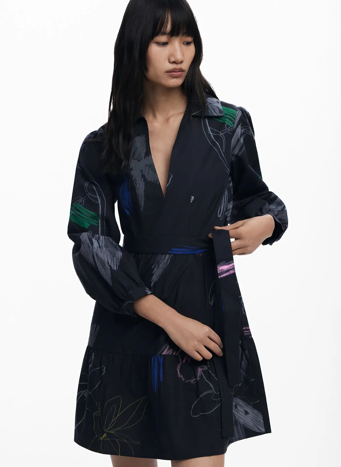 Robe courte col classique en coton Noir