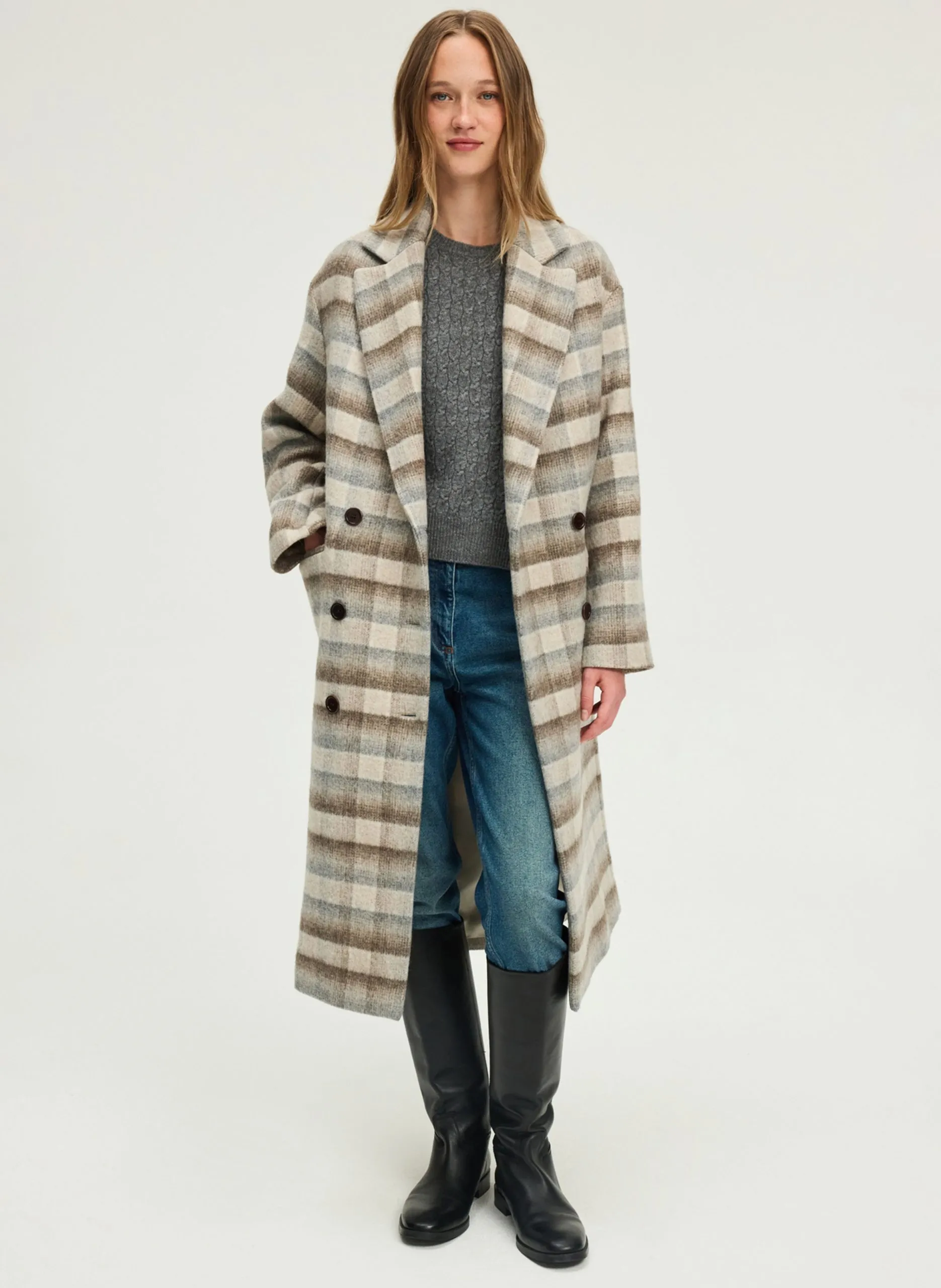 Manteau col tailleur à carreux Beige MYRIELLE