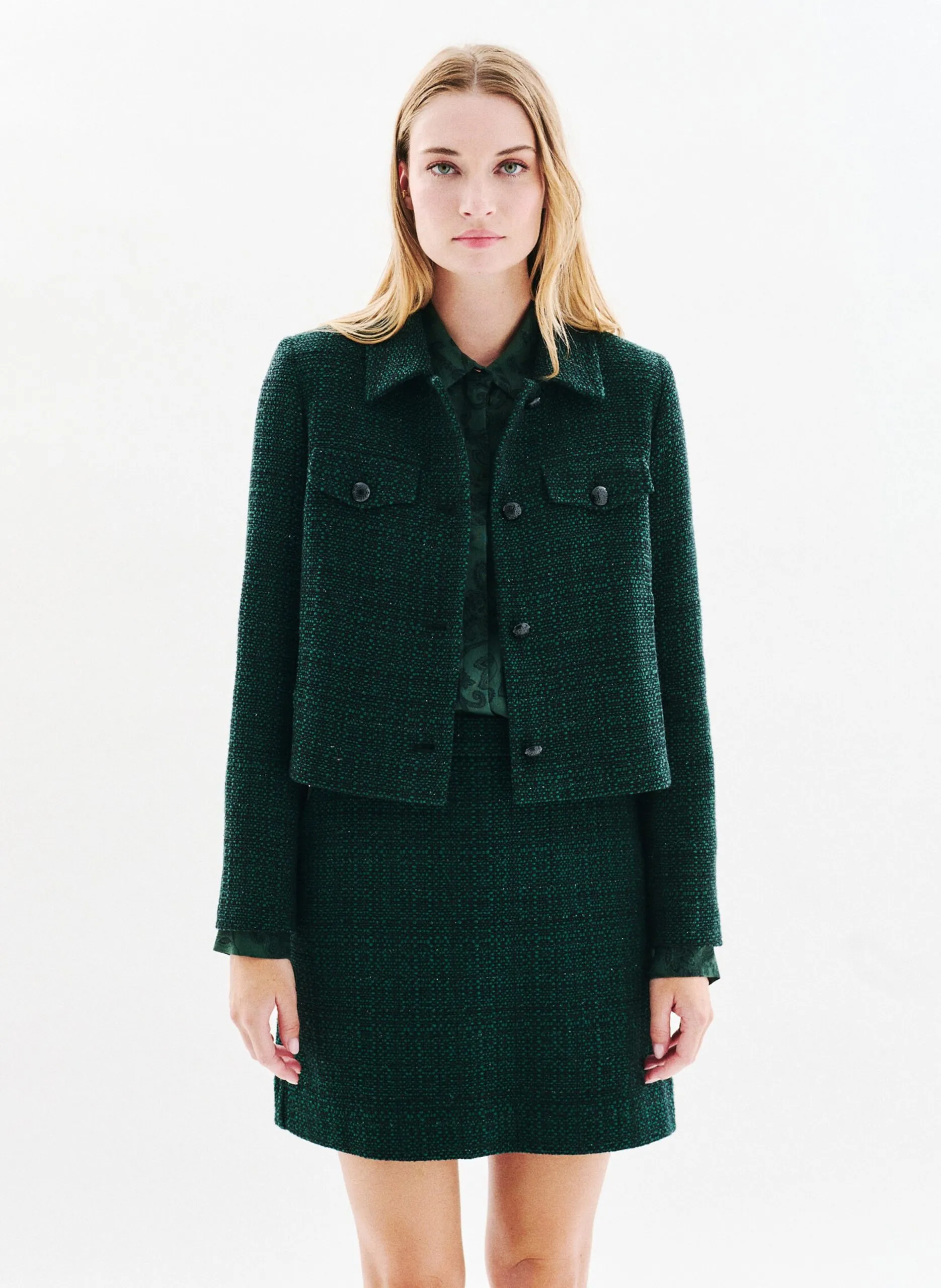 Veste col tailleur en coton mélangé Vert 241V-VOLAJE