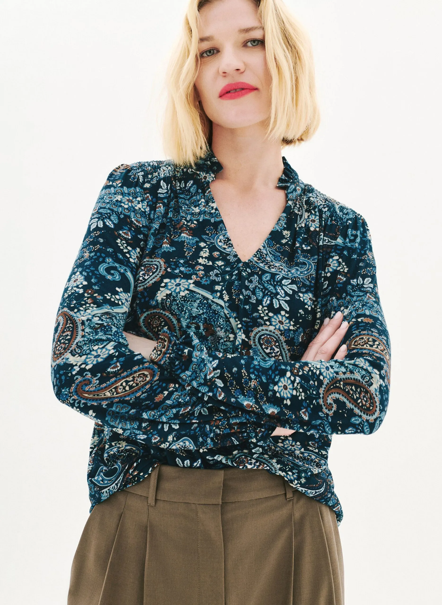 Blouse col v imprimé Bleu 252T-TILTANA3