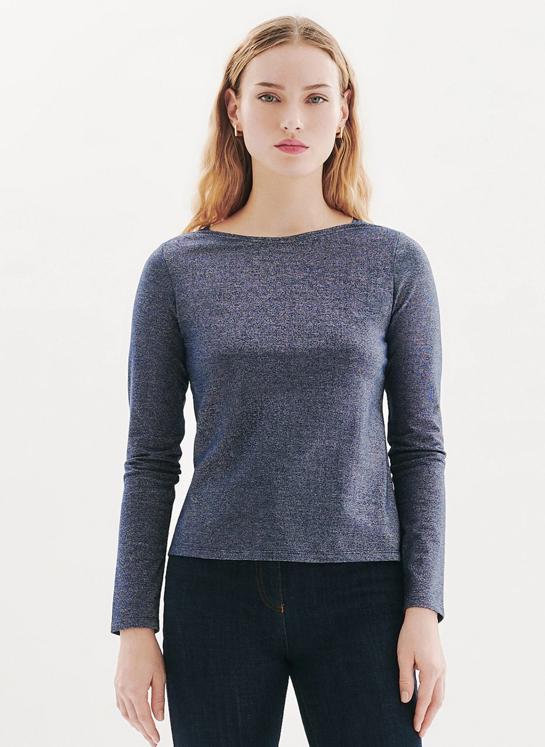 Tee-shirt col bateau en coton mélangé Bleu 252T-TJADE