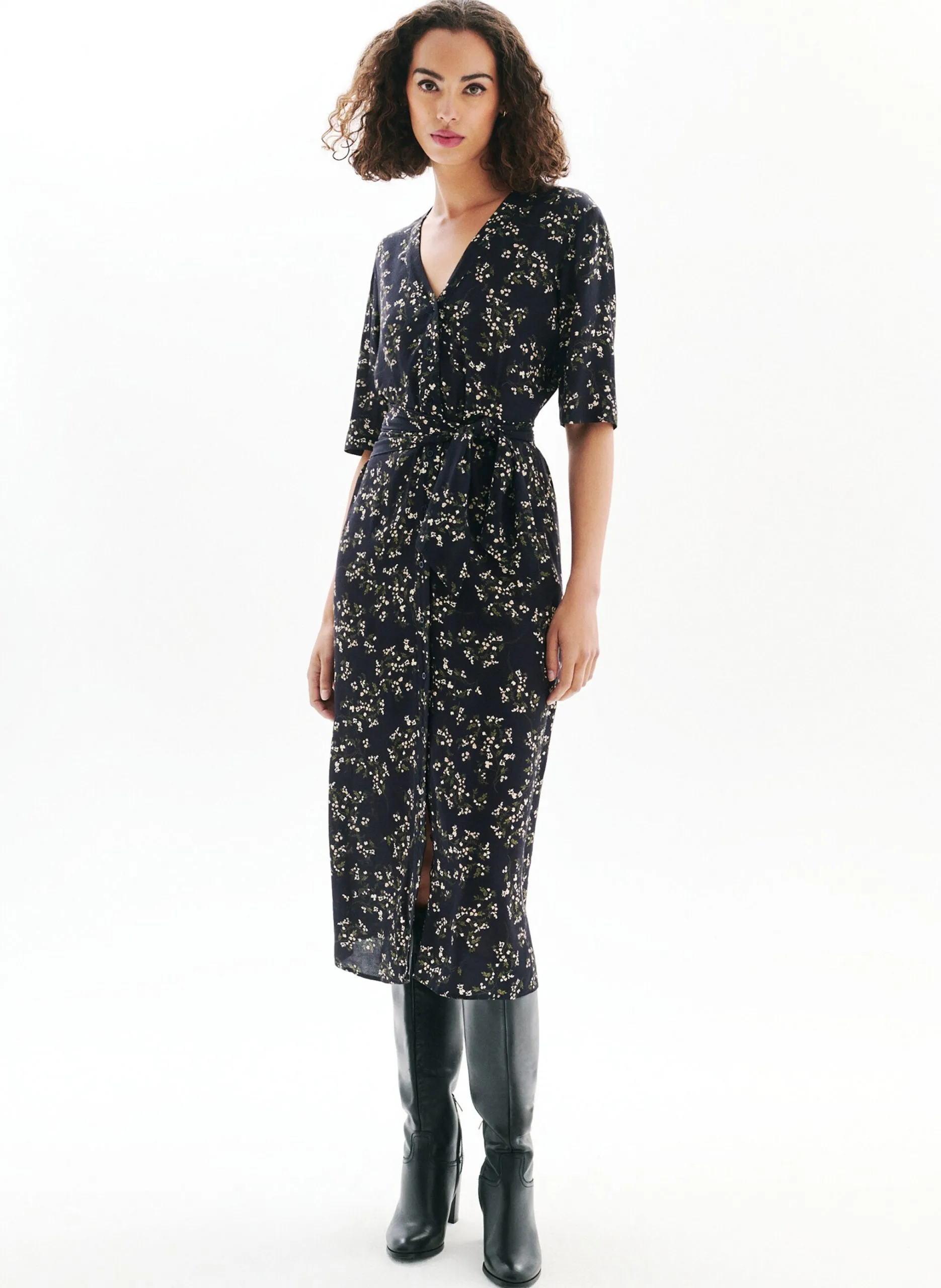 Robe longue col V imprimée Noir 252R-RELISA