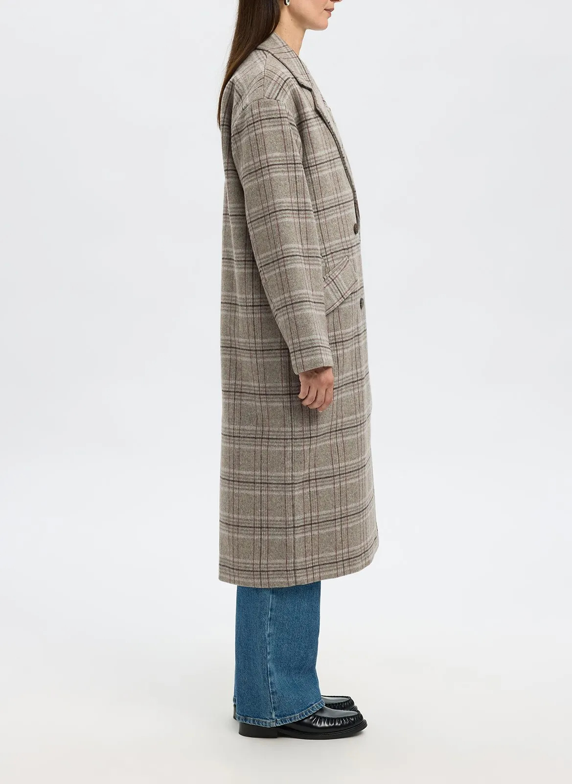 Manteau droit en laine recyclée mélangée à carreaux Prune HARPER