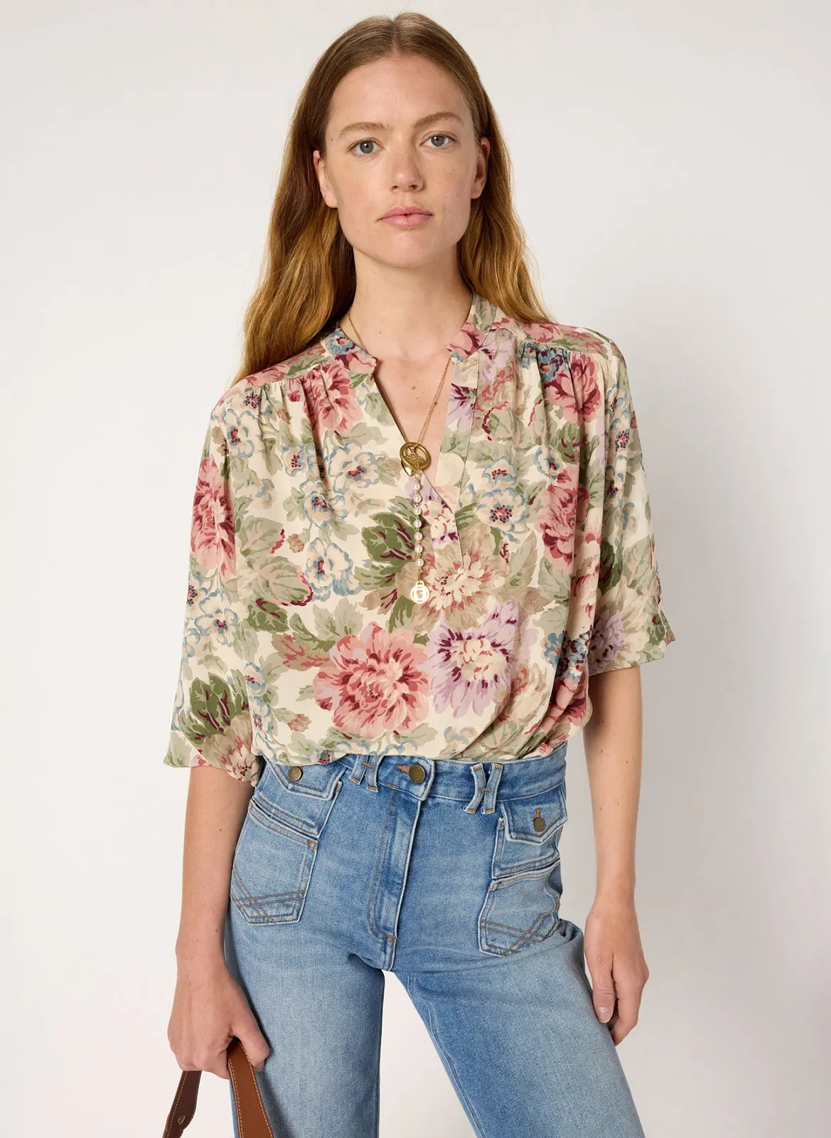 Blouse droite col V imprimée Beige ARMANDE