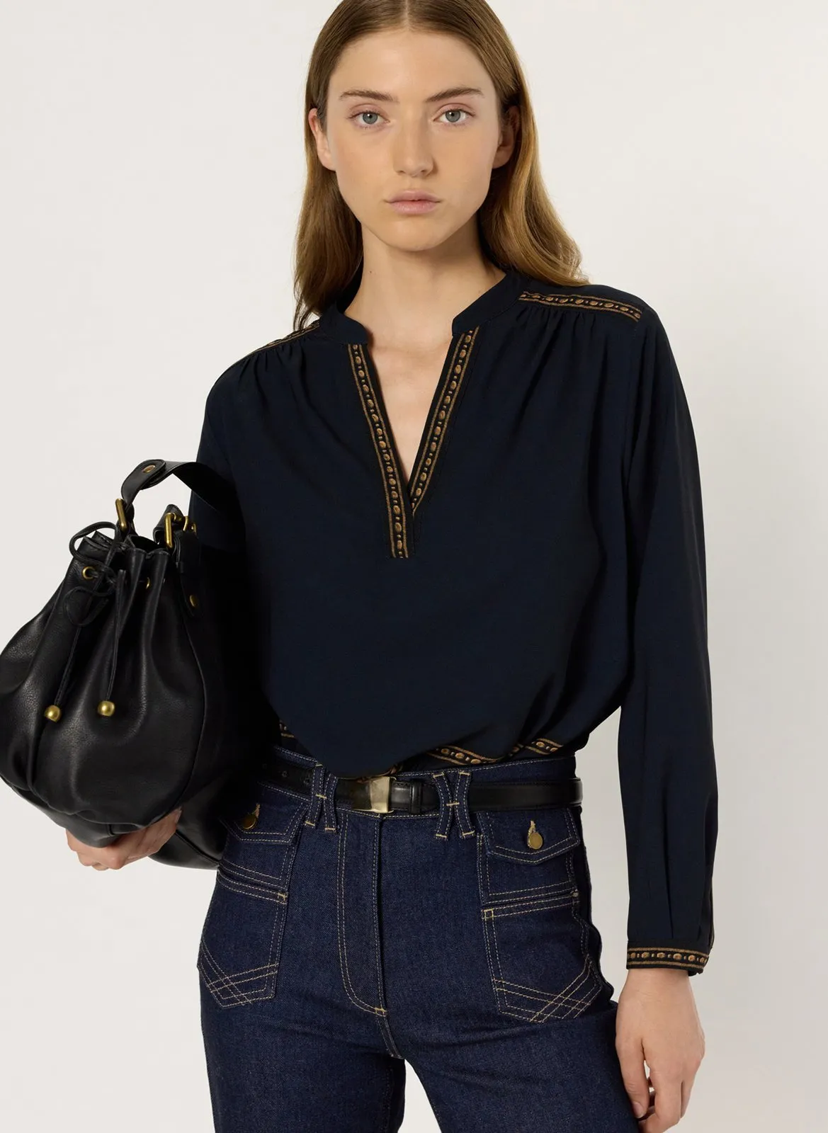 Blouse droite brodée Bleu AURELIE