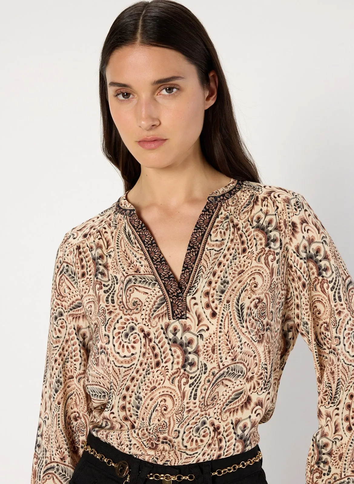 Blouse col mao à imprimé végétal Beige AMAYA