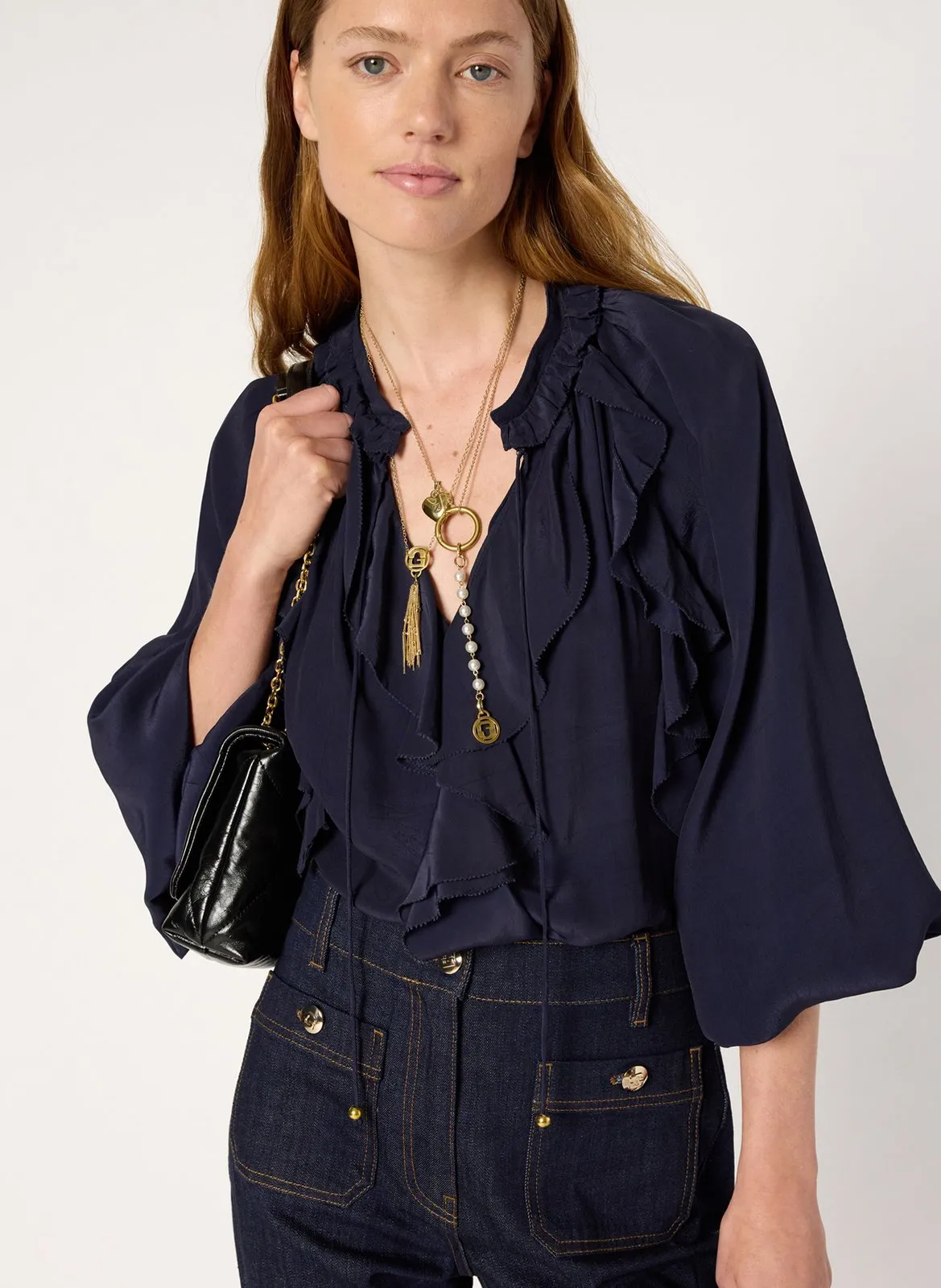 Blouse droite en satin Bleu AGNELLA