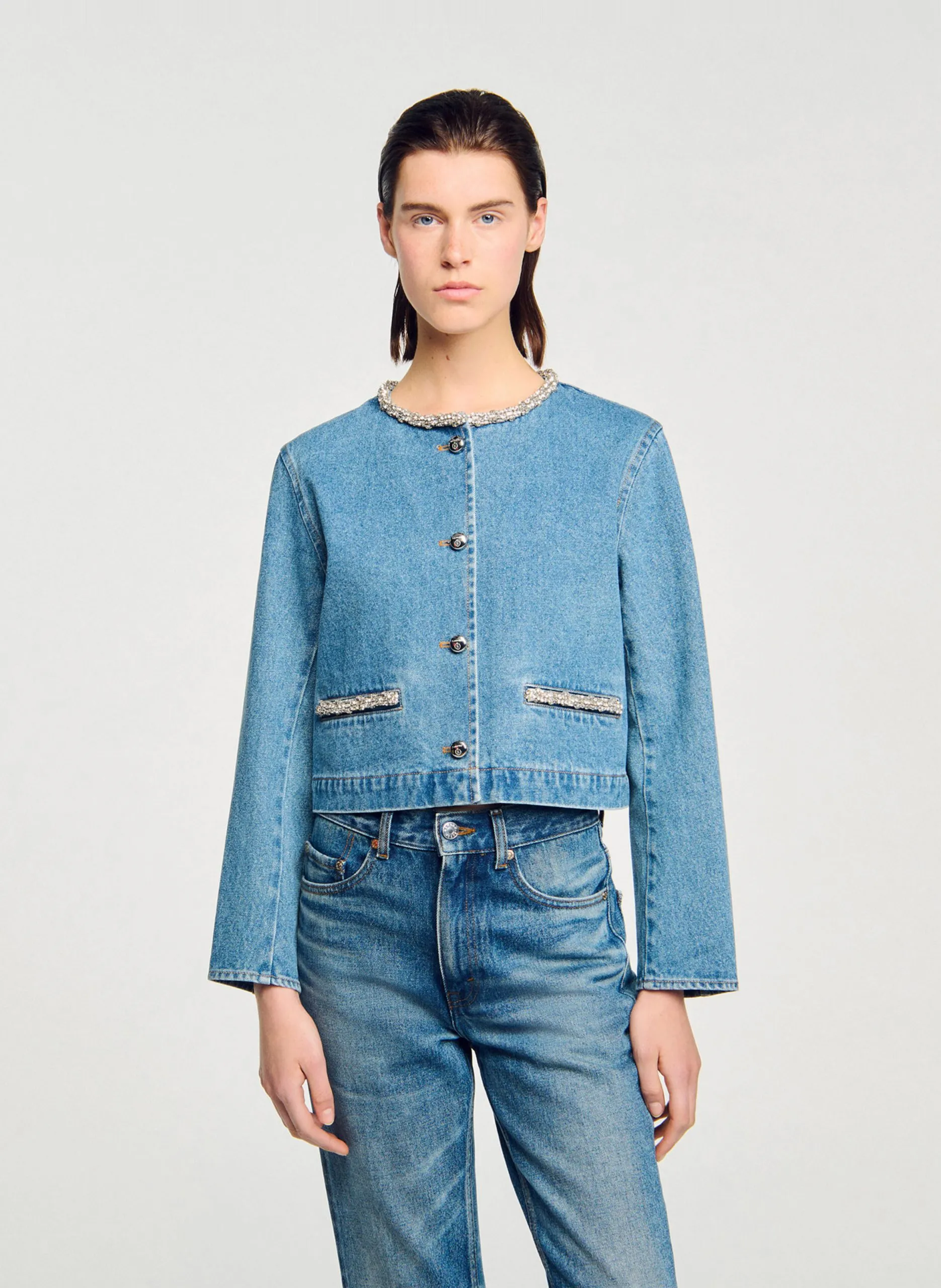 Blouson col rond en denim de coton Bleu