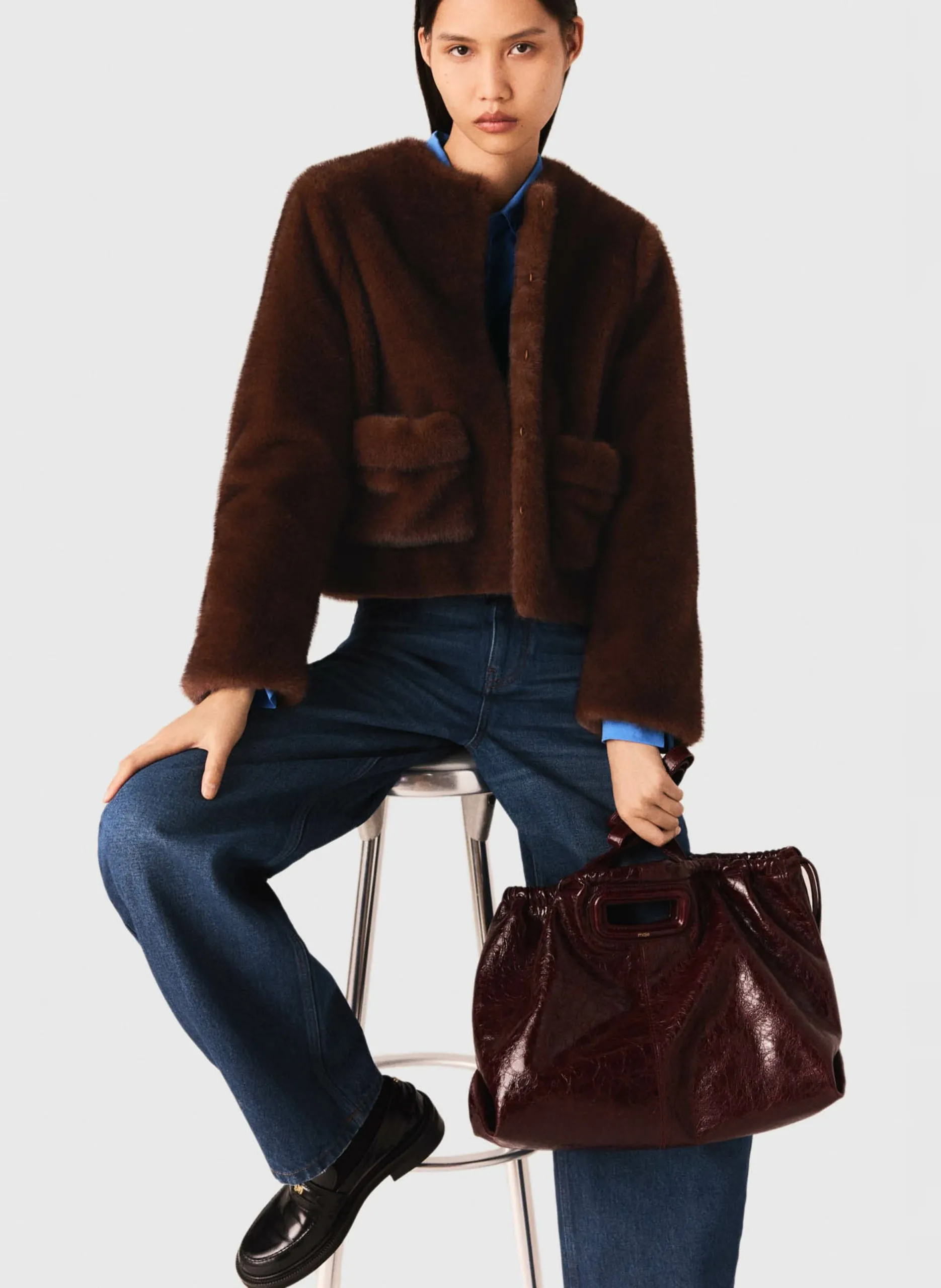 Veste col rond effet fourrure Marron