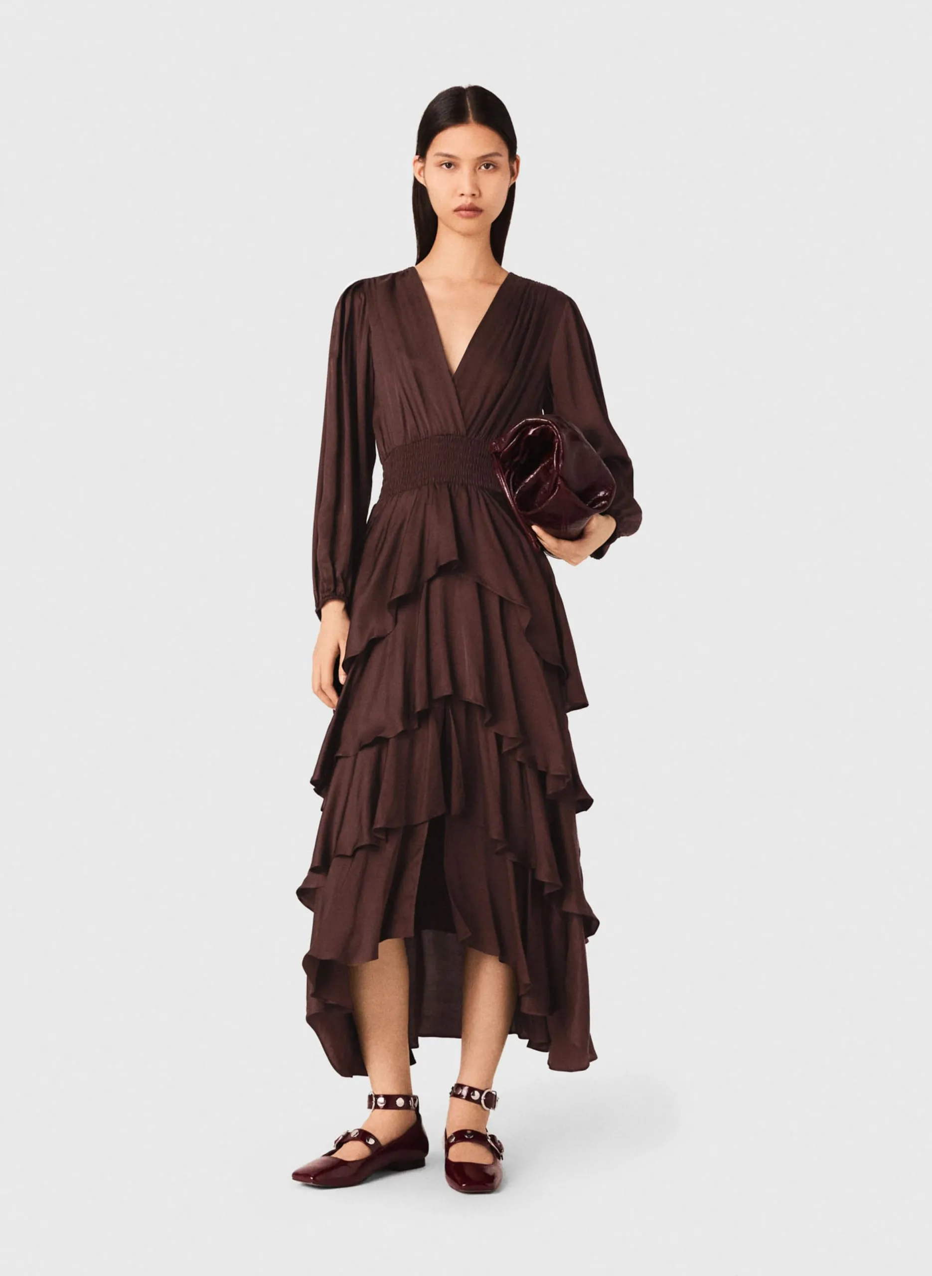 Robe longue à volants col v Marron