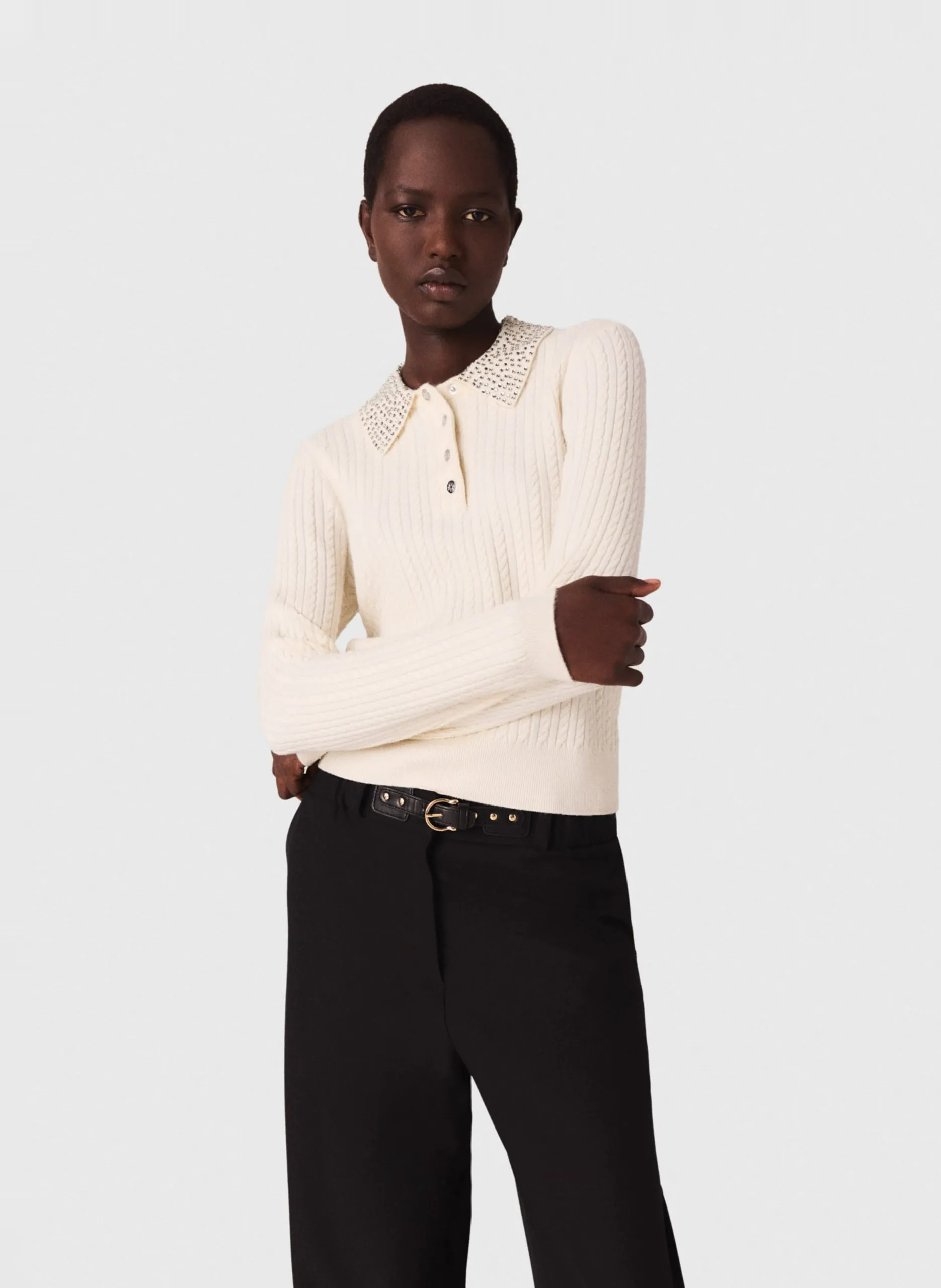 Pull col polo en laine mélangée Beige