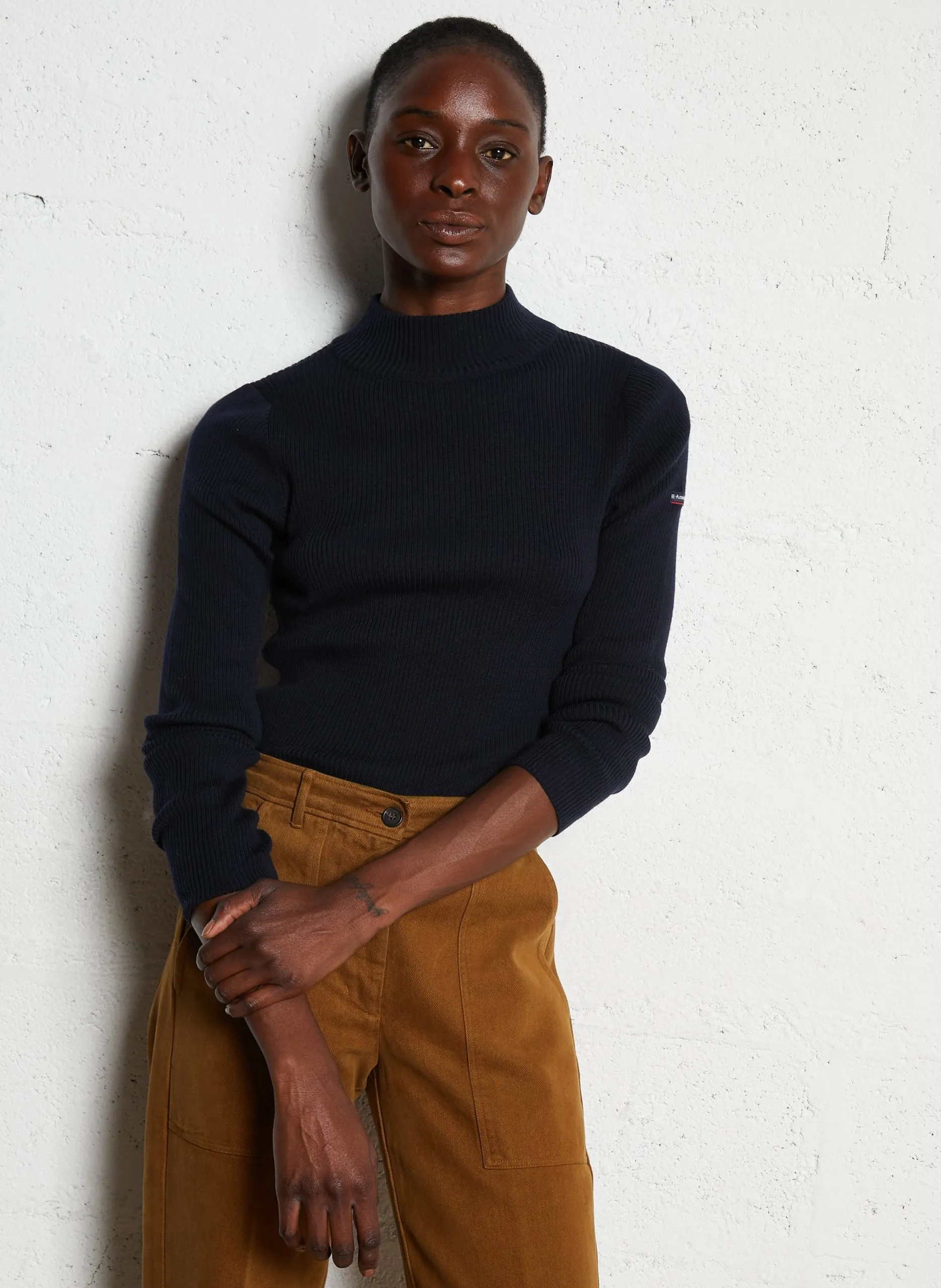 Pull col montant côtelé en laine Bleu COMBOURG