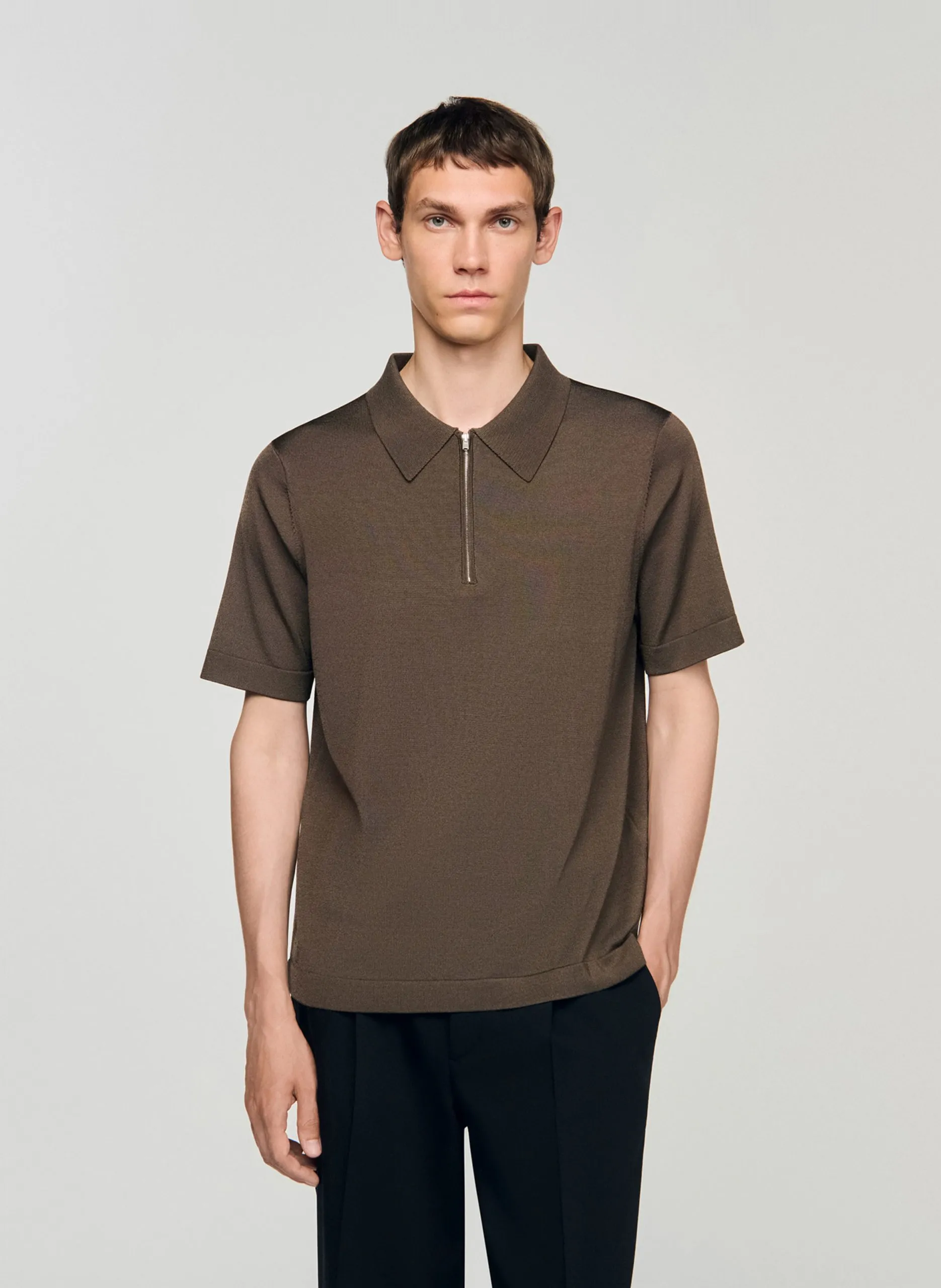 T-shirt manches courtes à col polo zippé Beige