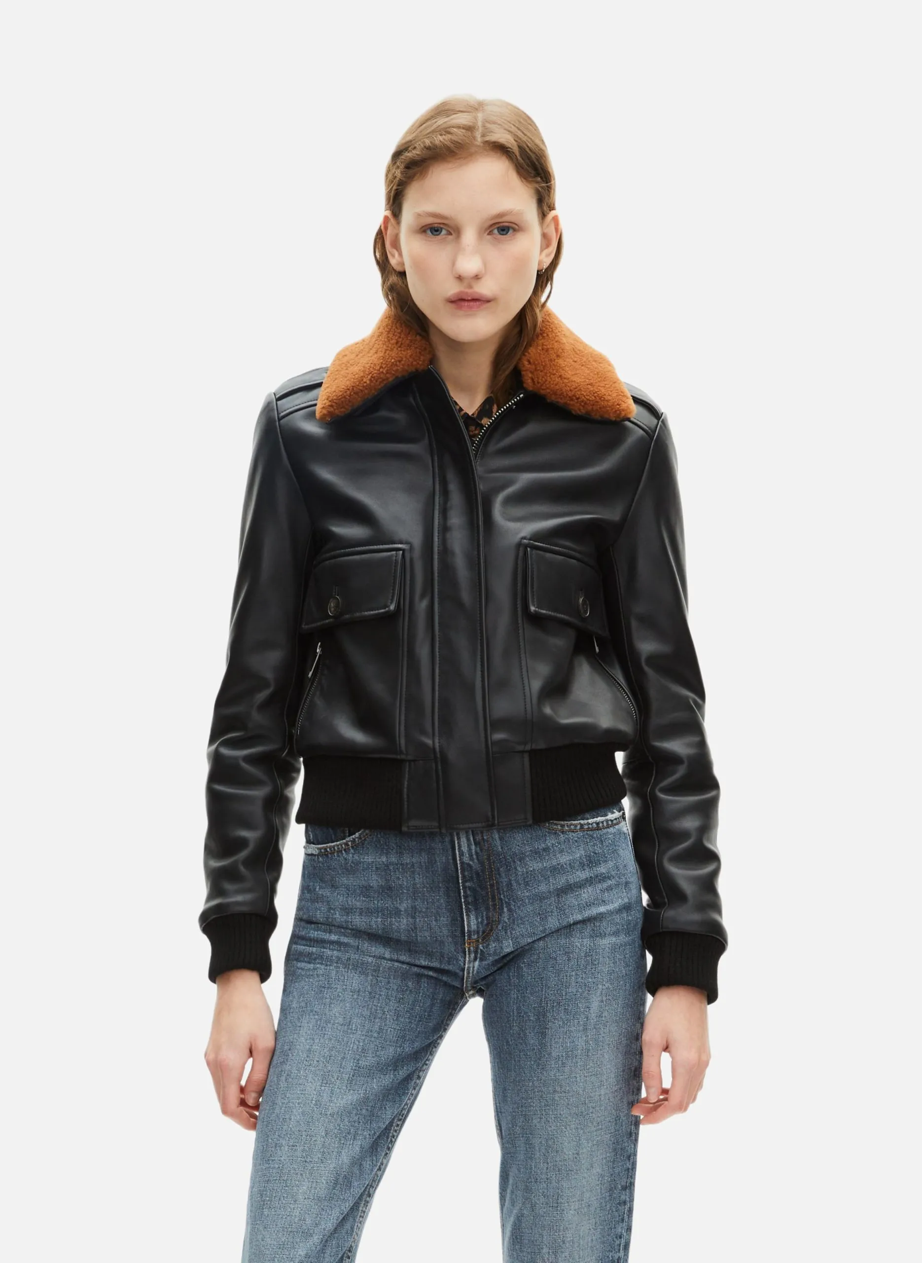 Blouson en cuir avec col sherpa Noir