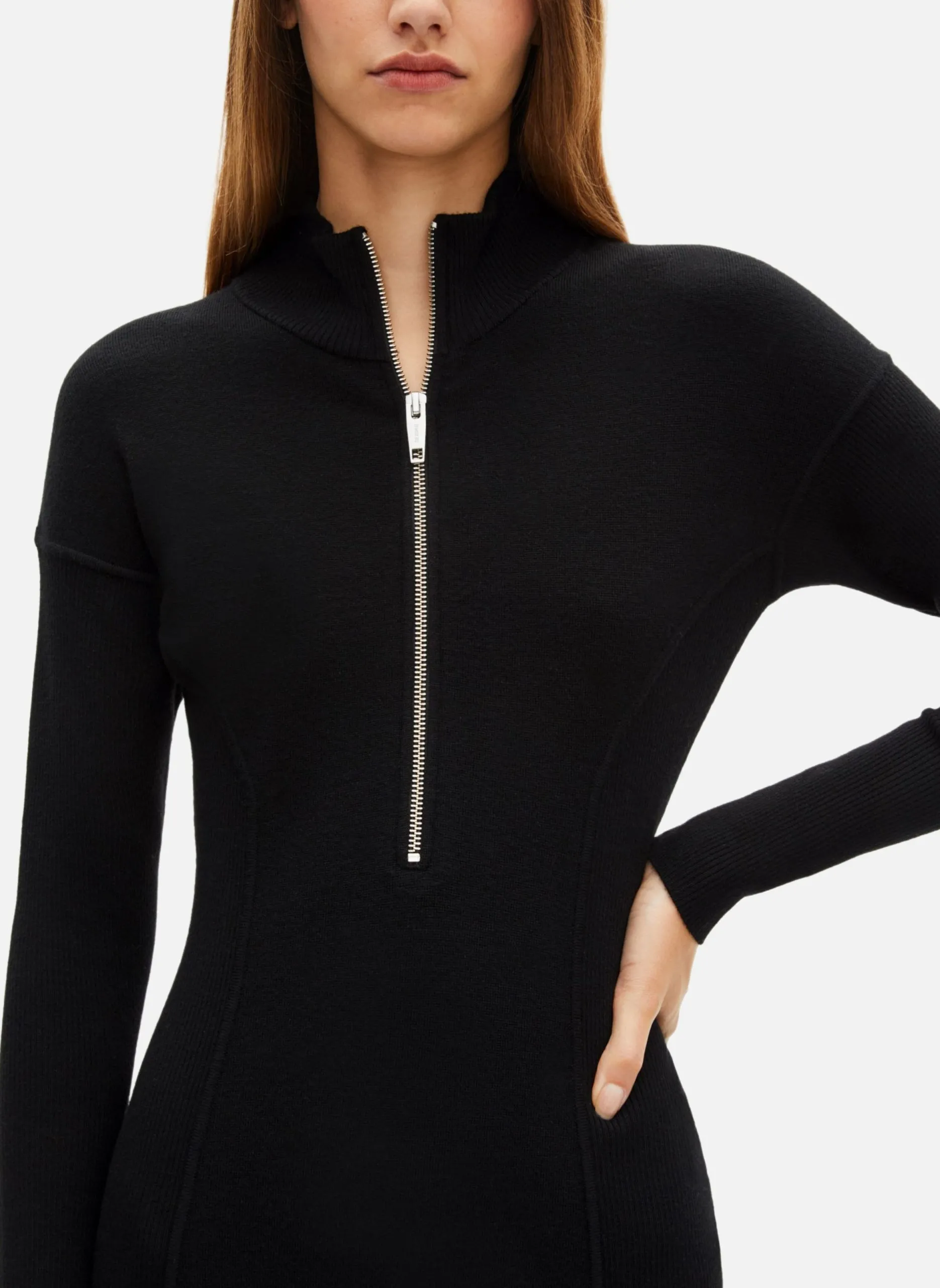Robe longue en laine mélangée col zippé Noir