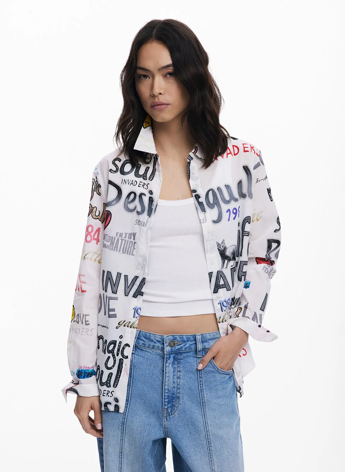 Chemise droite imprimée en coton Blanc