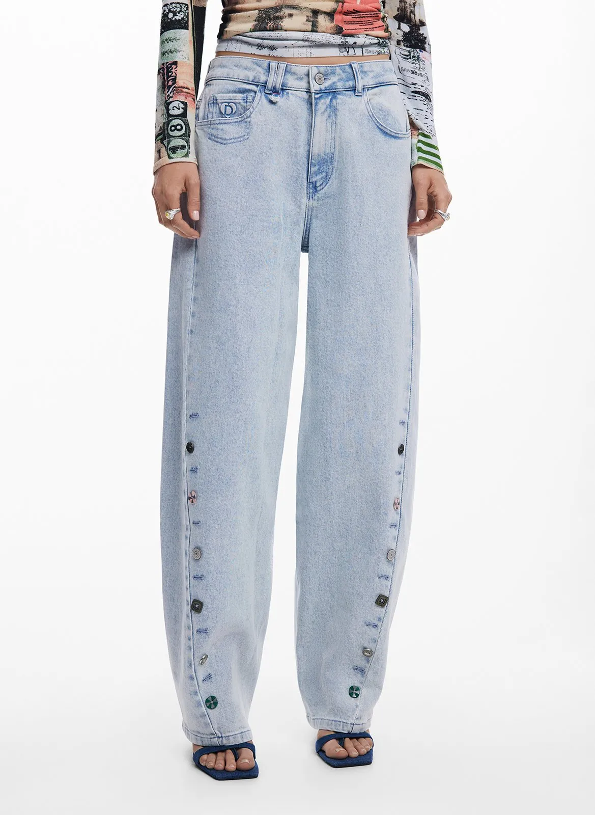 Jean large ballon délavé à boutons Bleu