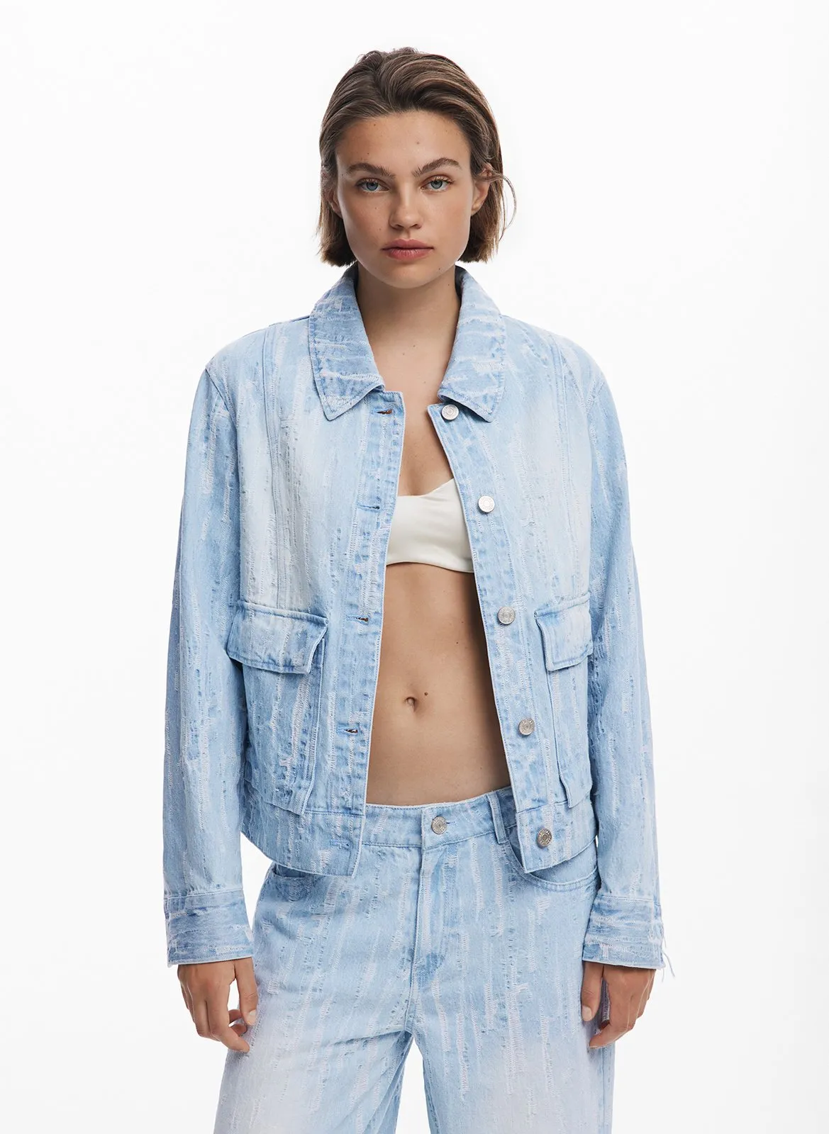 Veste en jean effet usée à poches Bleu