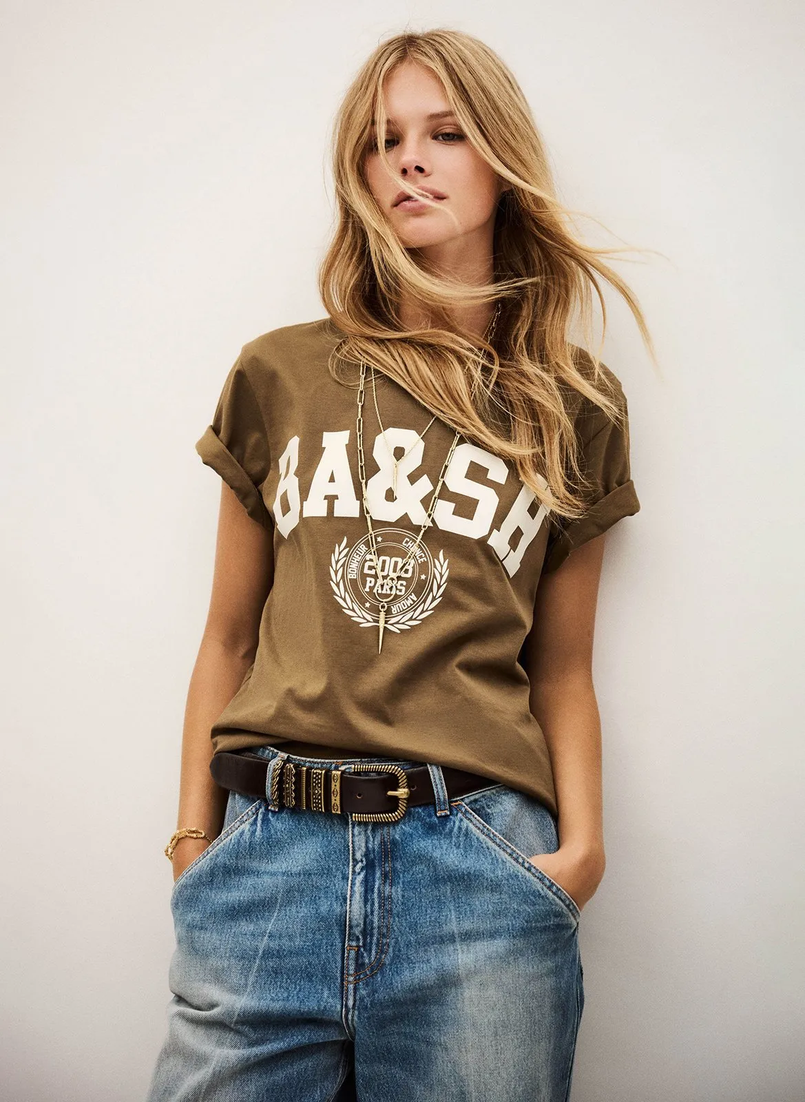 Tee-shirt droit col rond sérigraphié en coton Marron IONI