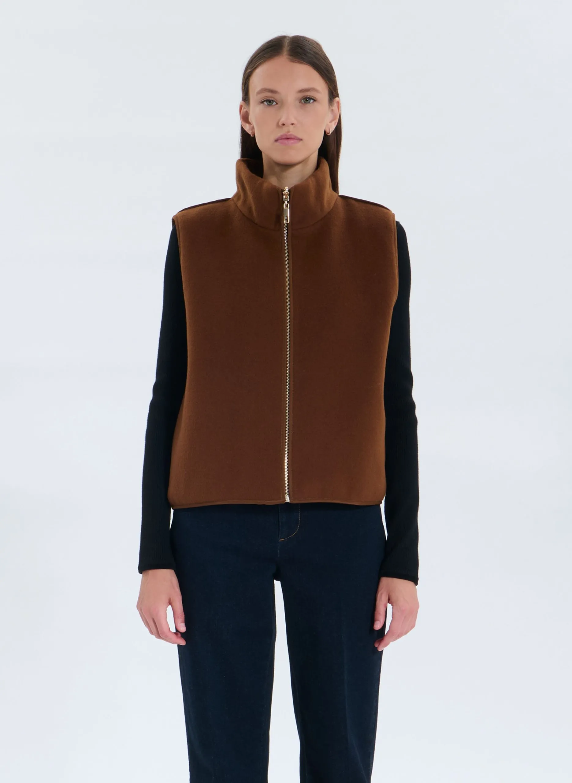 Gilet col montant en laine mélangée Marron GRAZIE