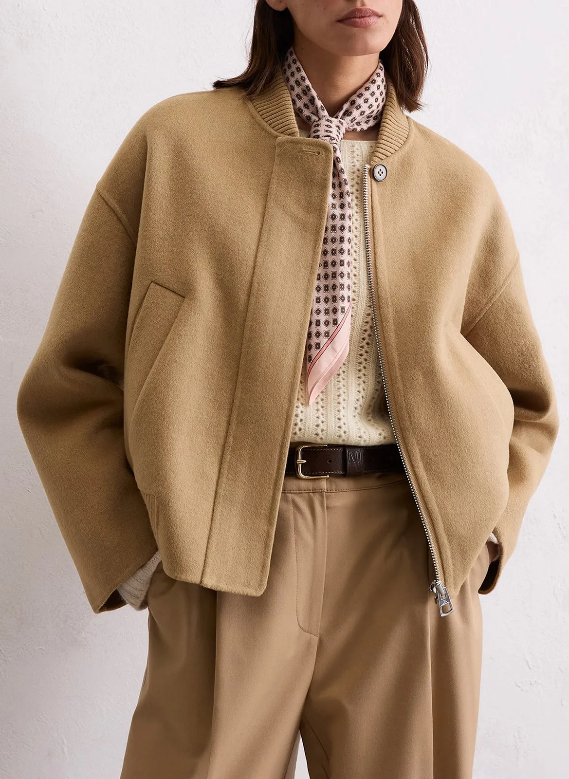 Blouson droit uni en laine mélangée Beige