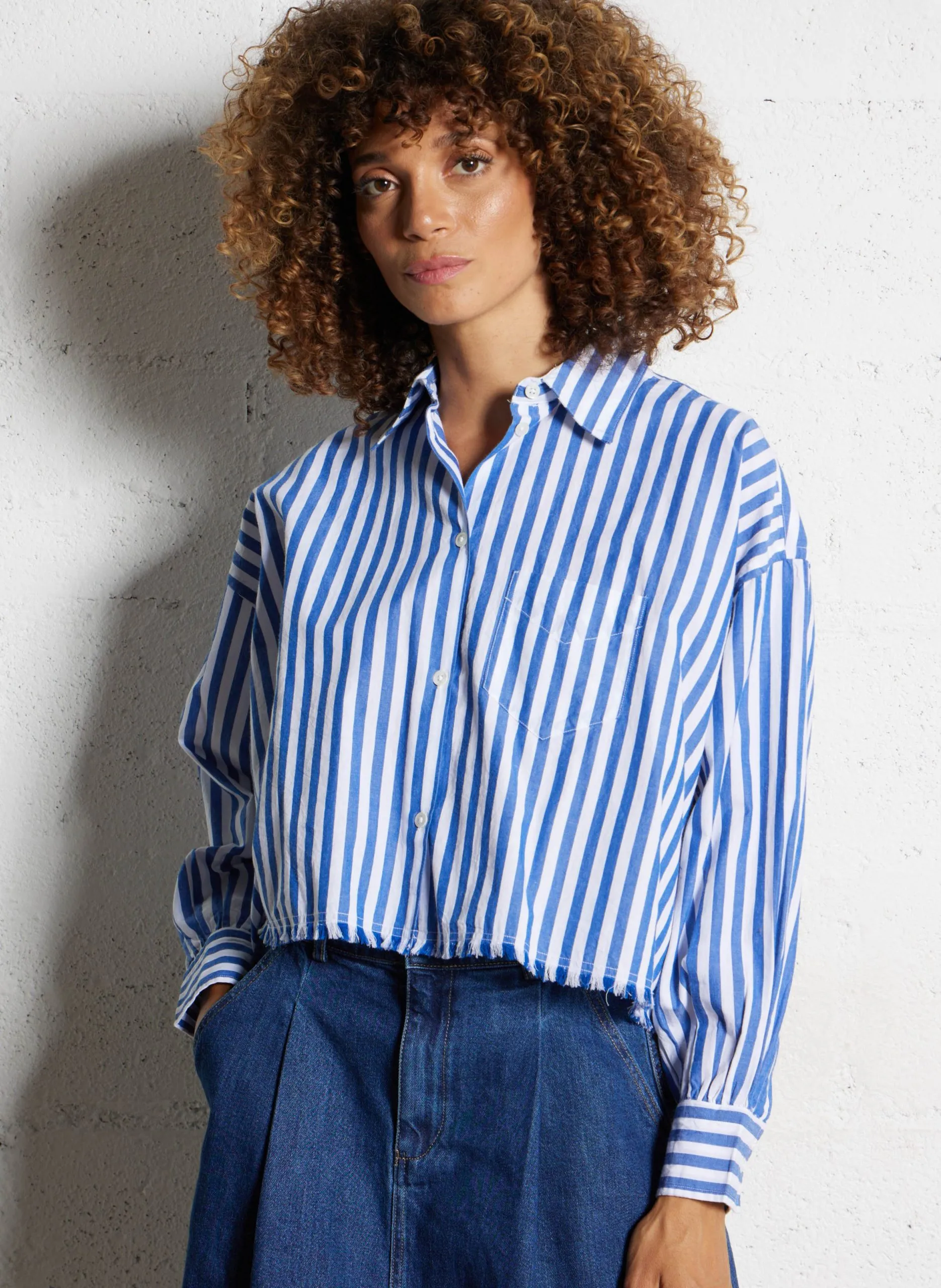 Chemise rayée courte en coton Bleu KRAFT