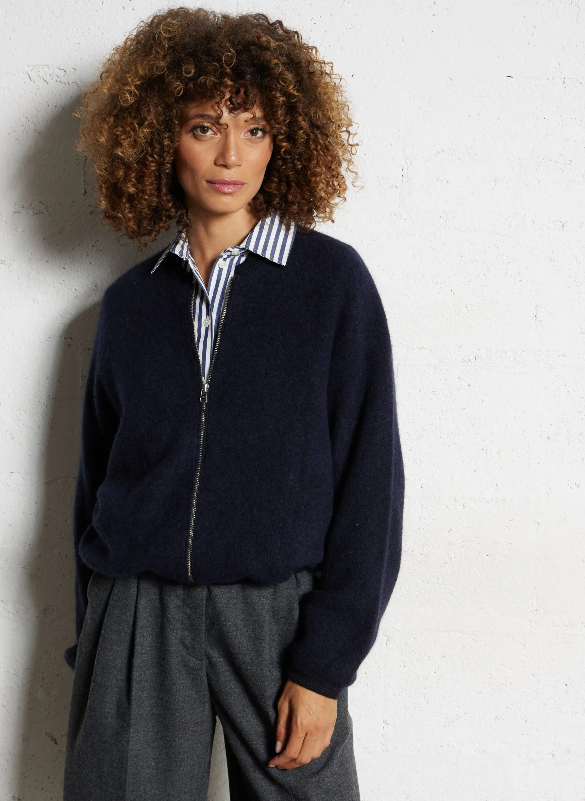 Gilet zippé uni en laine mélangée Bleu ASEDI