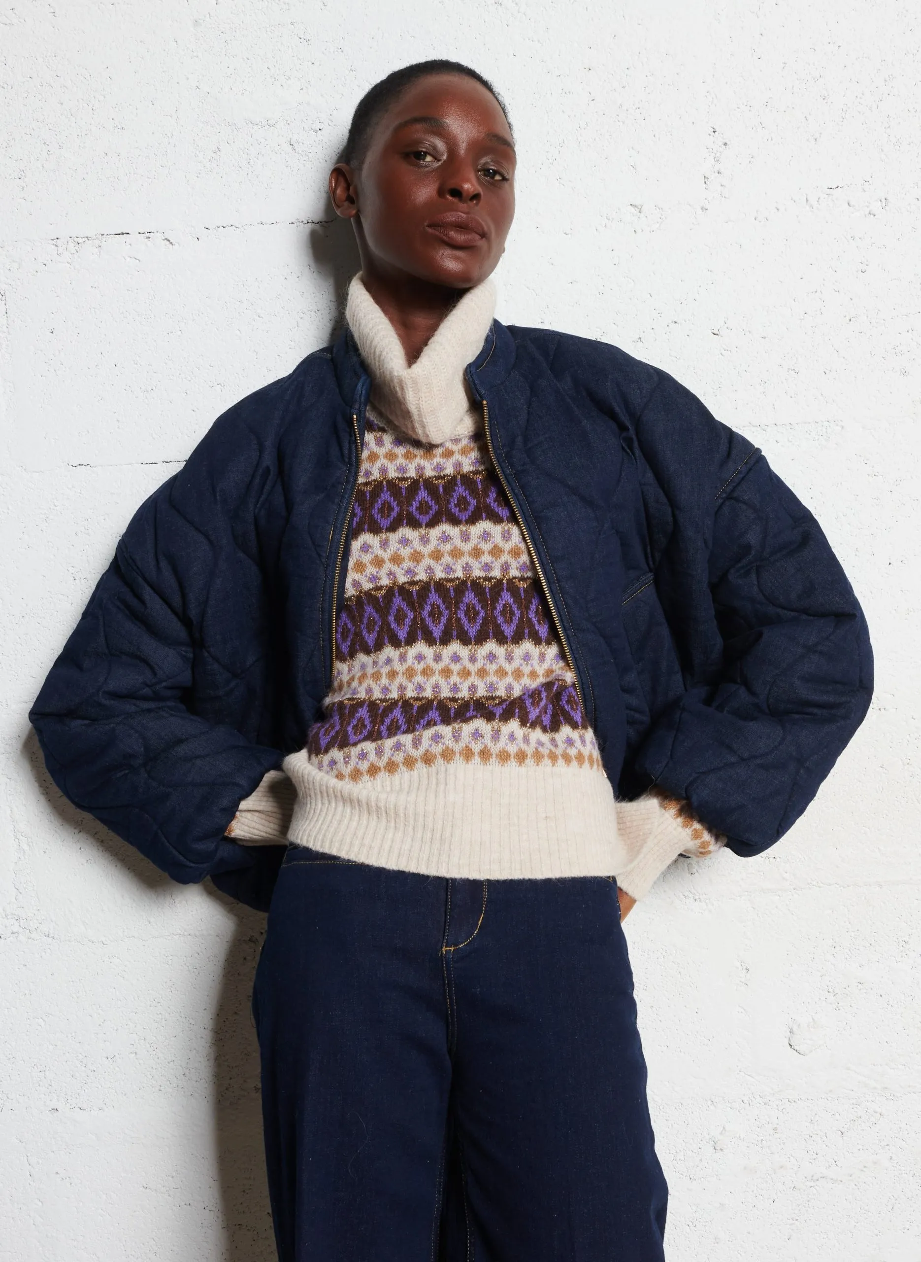 Veste col montant en denim de coton mélangé Bleu