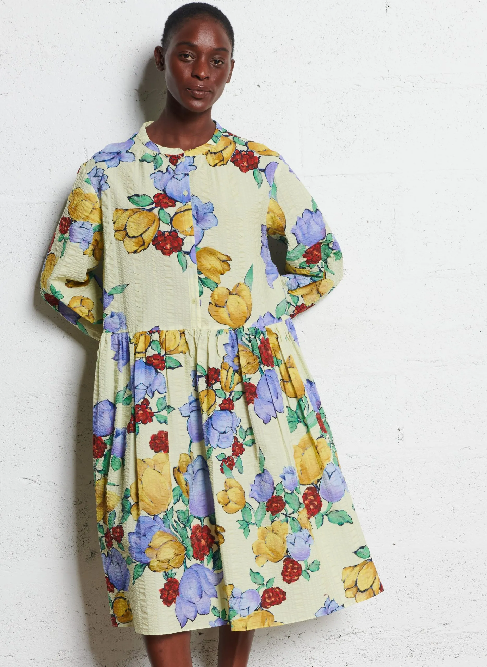 Robe midi col rond en coton bio Multicolore