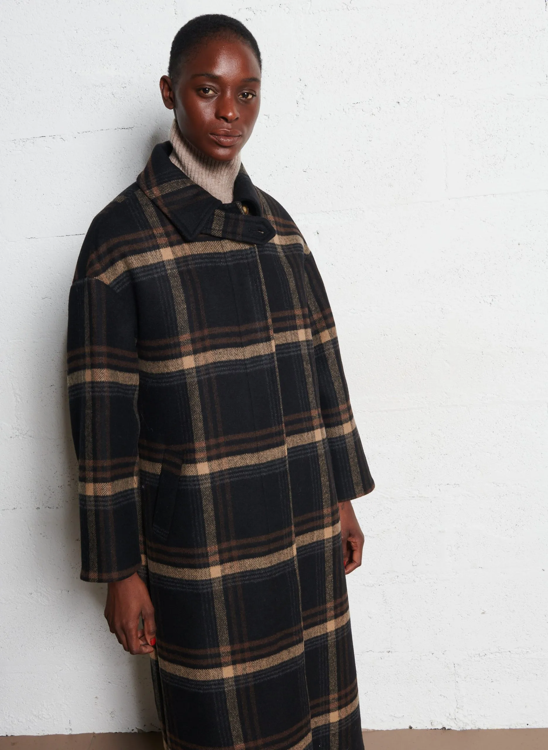 Manteau long droit à carreaux Multicolore YSIDORE