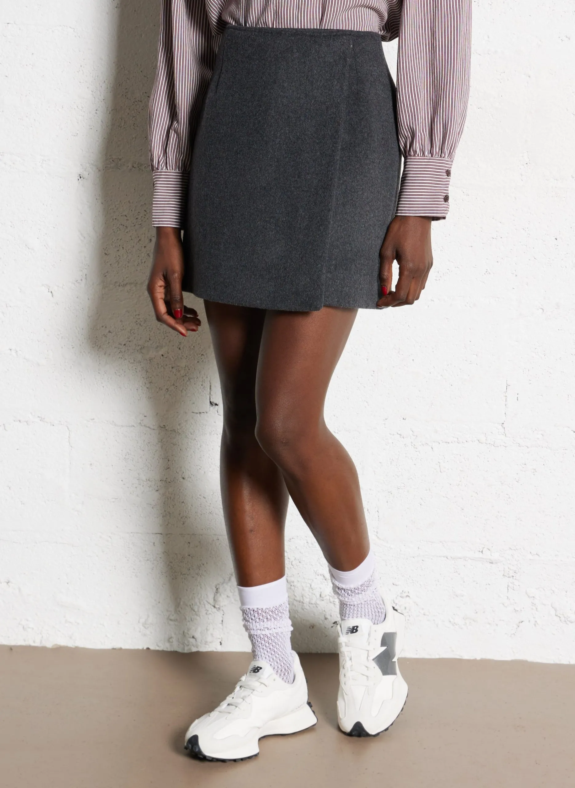 Jupe courte portefeuille en laine mélangée Argent MONIE