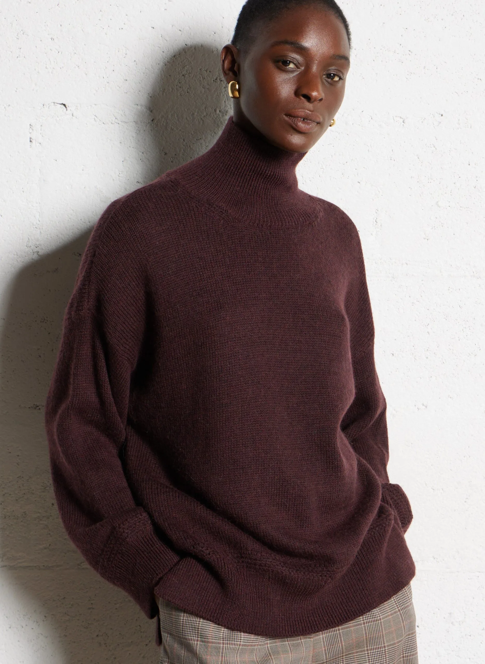 Pull ample col montant en laine mélangée Marron BARETTE