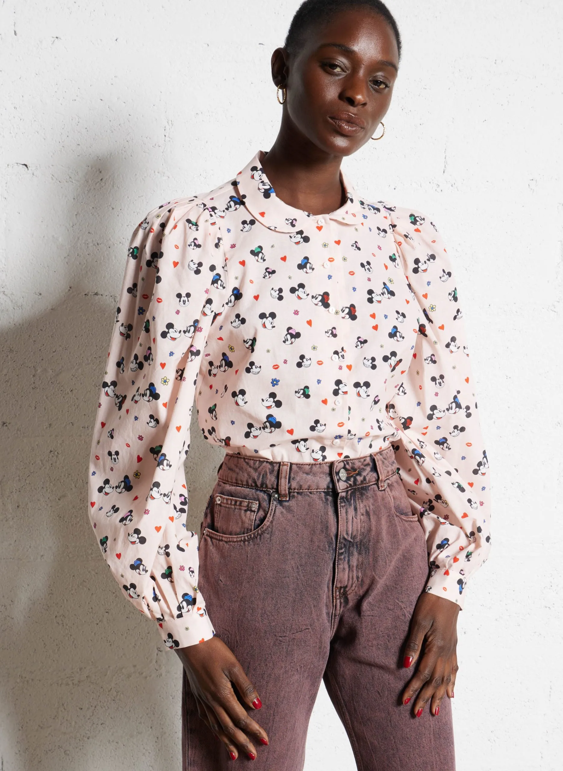 Chemise droite col claudine en coton Rose CHERIE