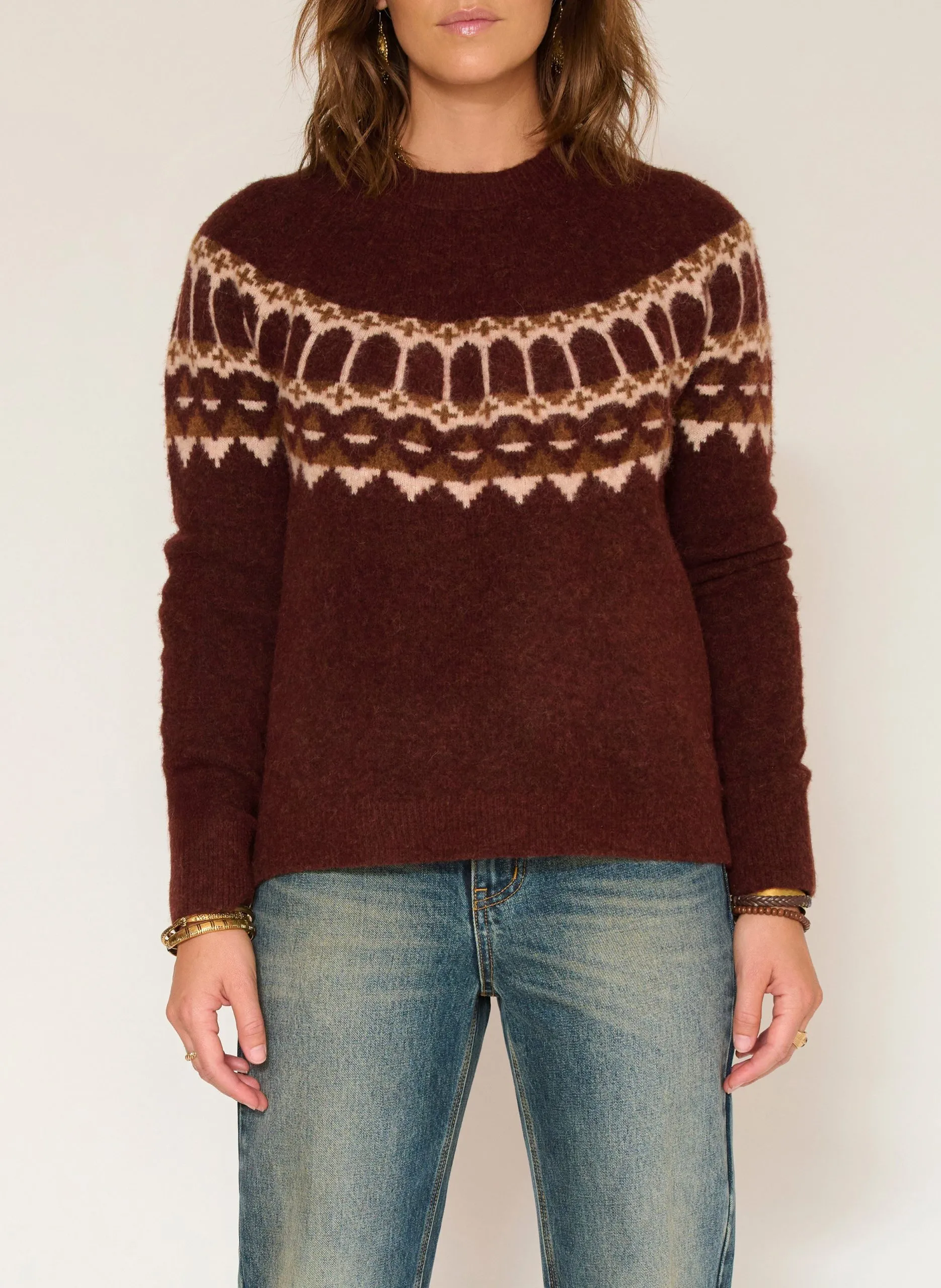 Pull droit col rond jacquard en laine mélangée Rouge KIRY