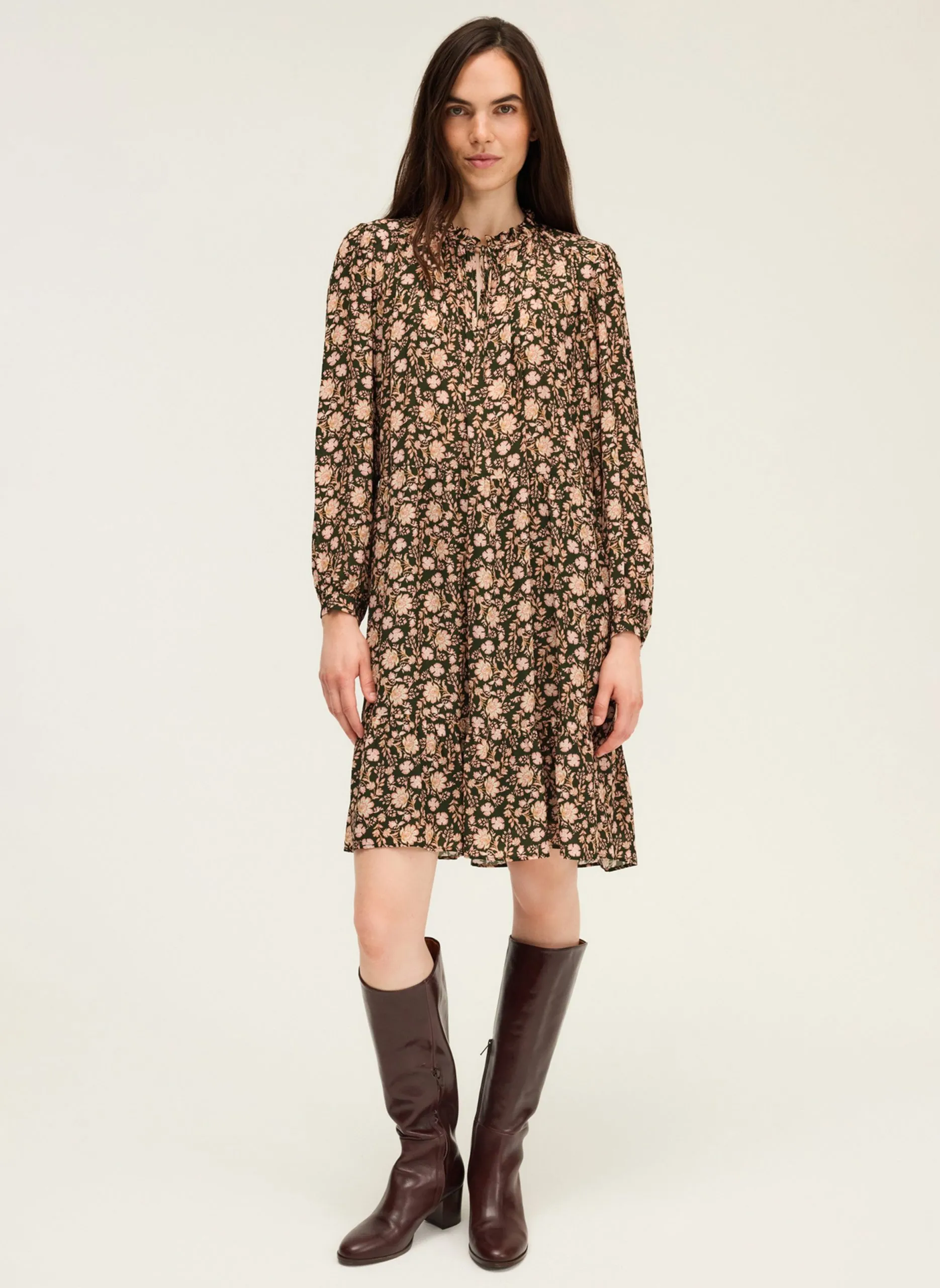Robe courte col rond imprimée Kaki LINA