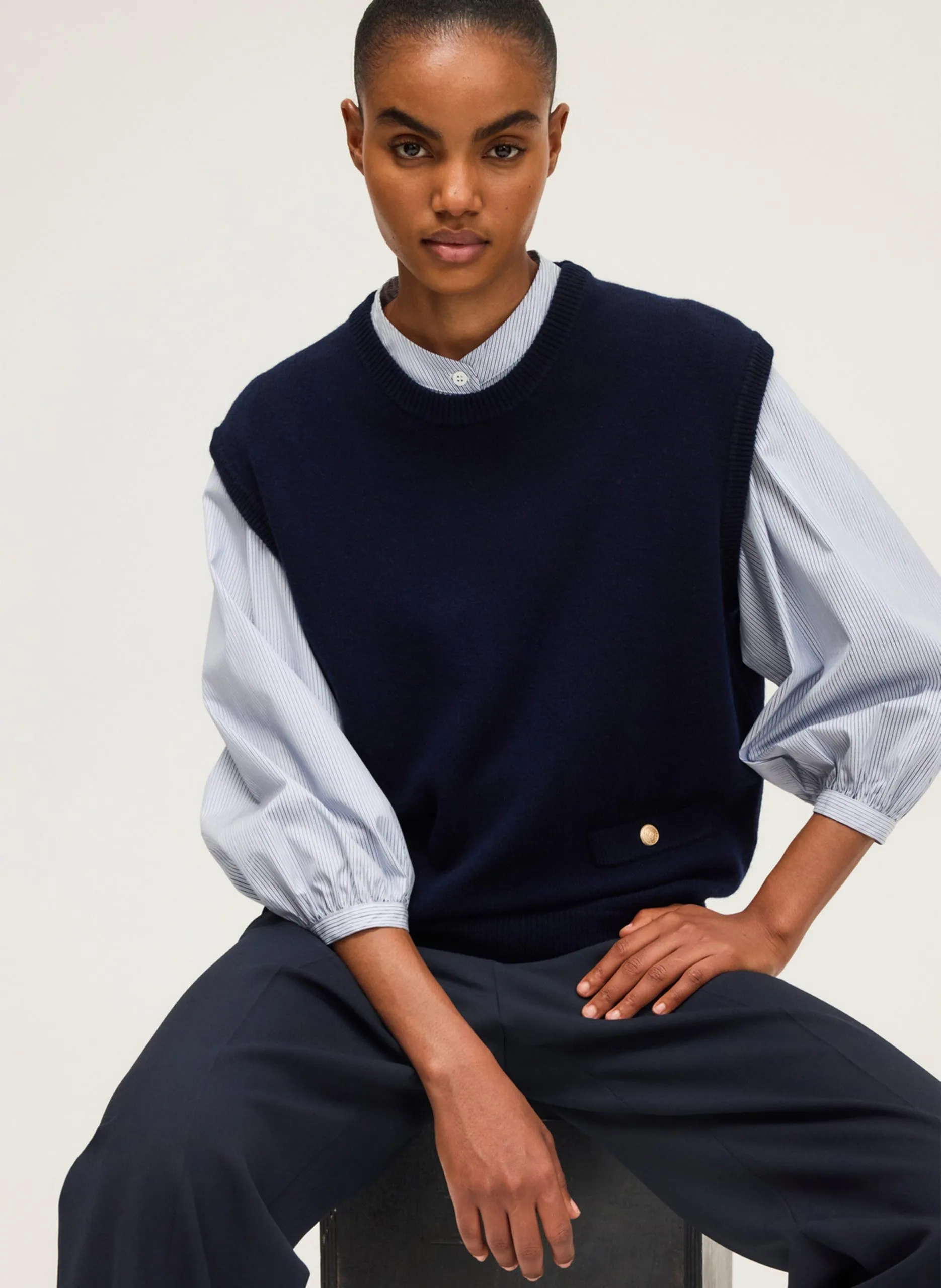 Pull sans manches col rond en laine Bleu ERMINIA