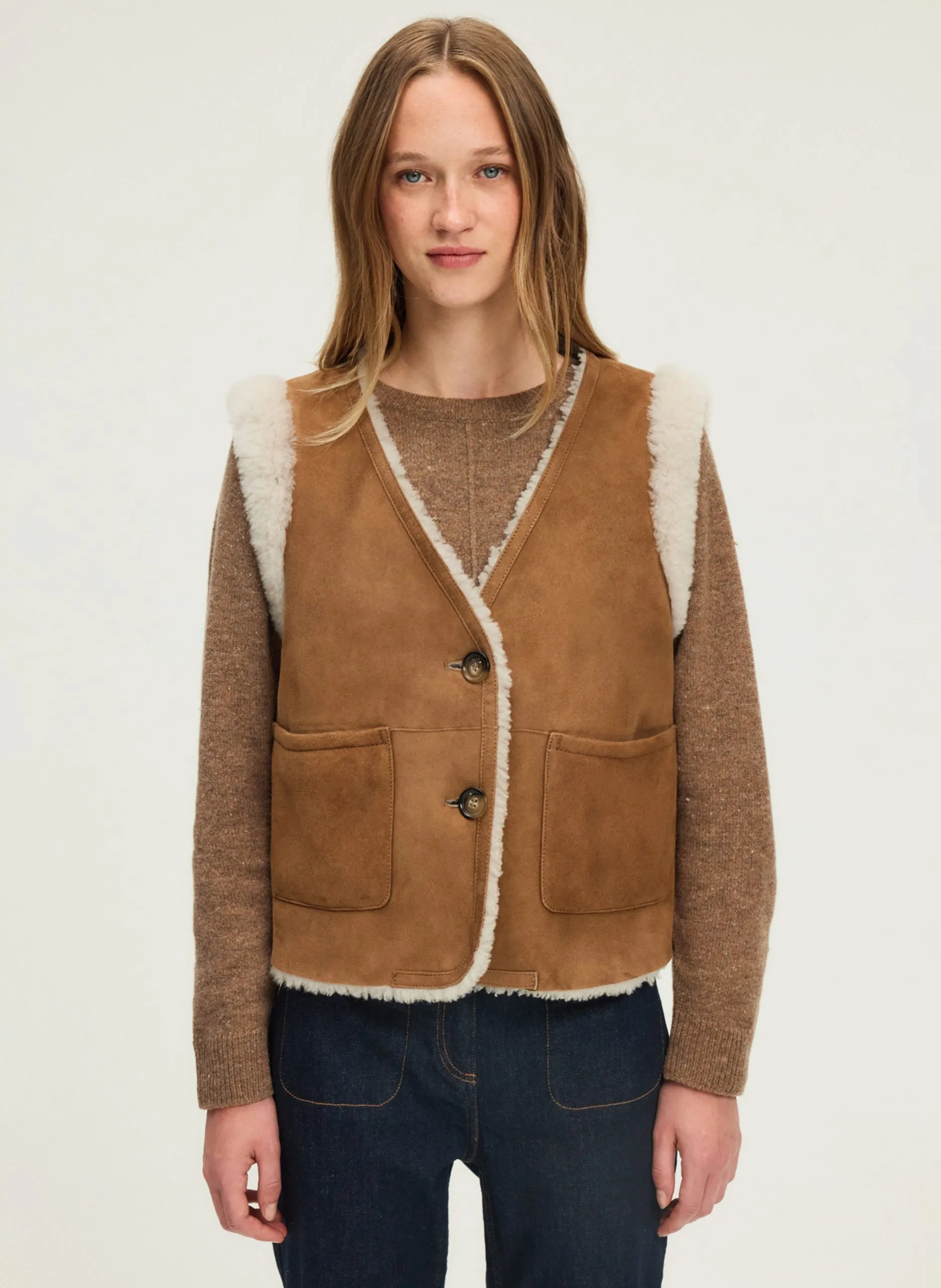 Veste col v réversible en cuir Marron NIARA