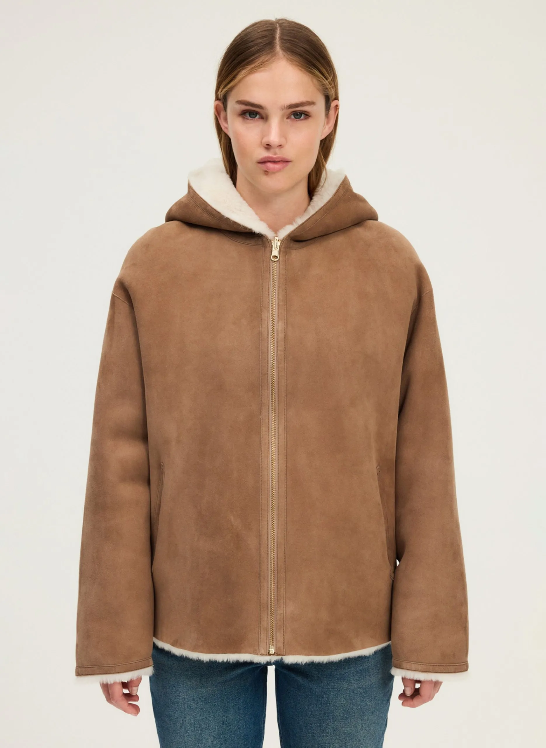 Veste en cuir à capuche Beige MEDA