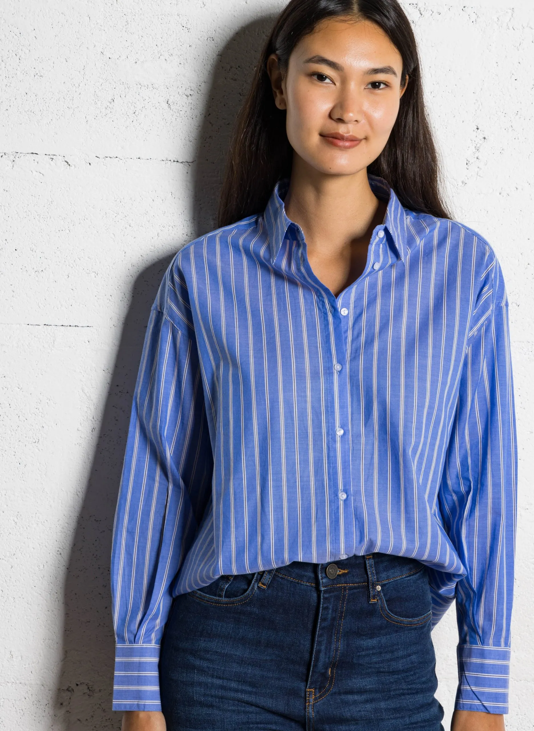 Chemise ample col classique rayée en coton Bleu COZOULI