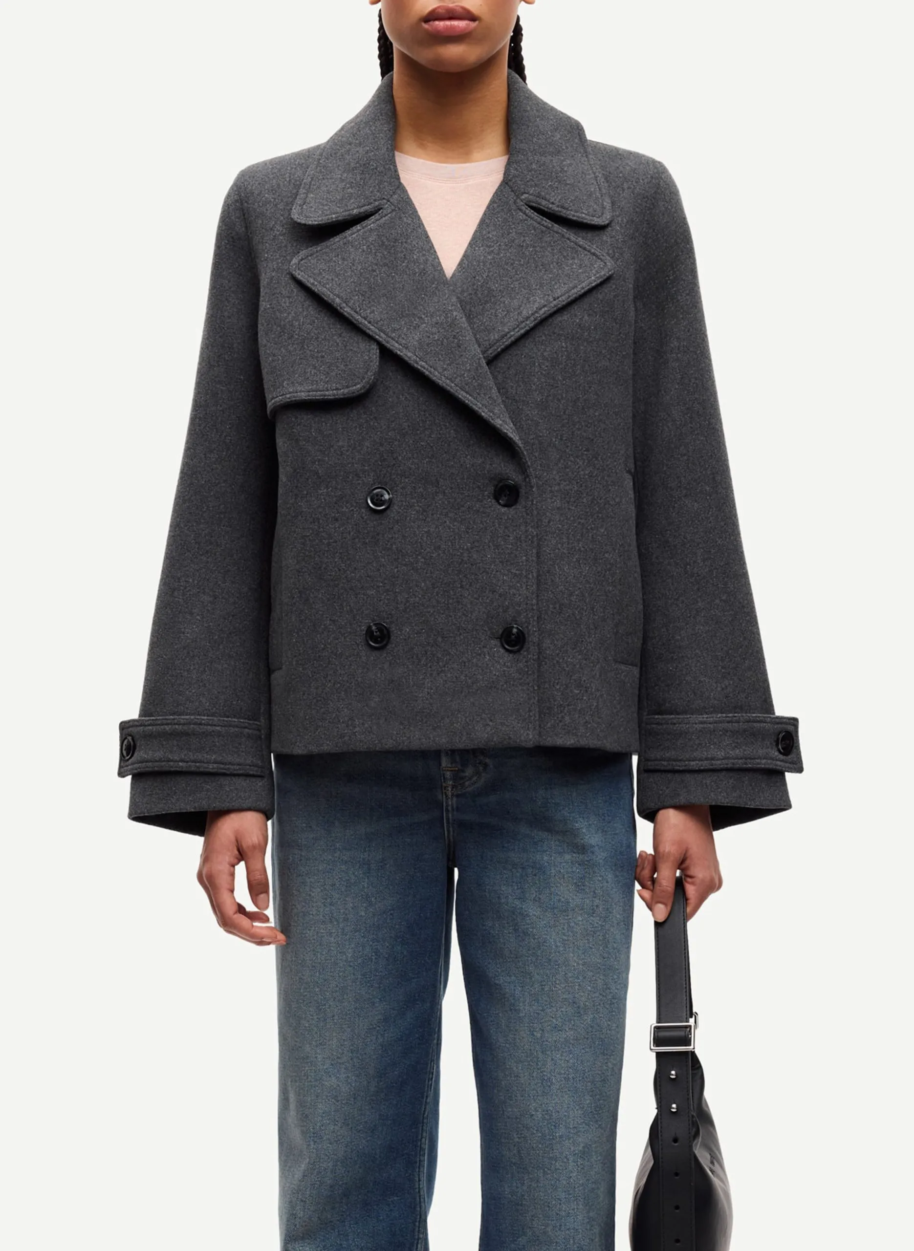 Manteau court en laine mélangée col tailleur Argent SAMARTA