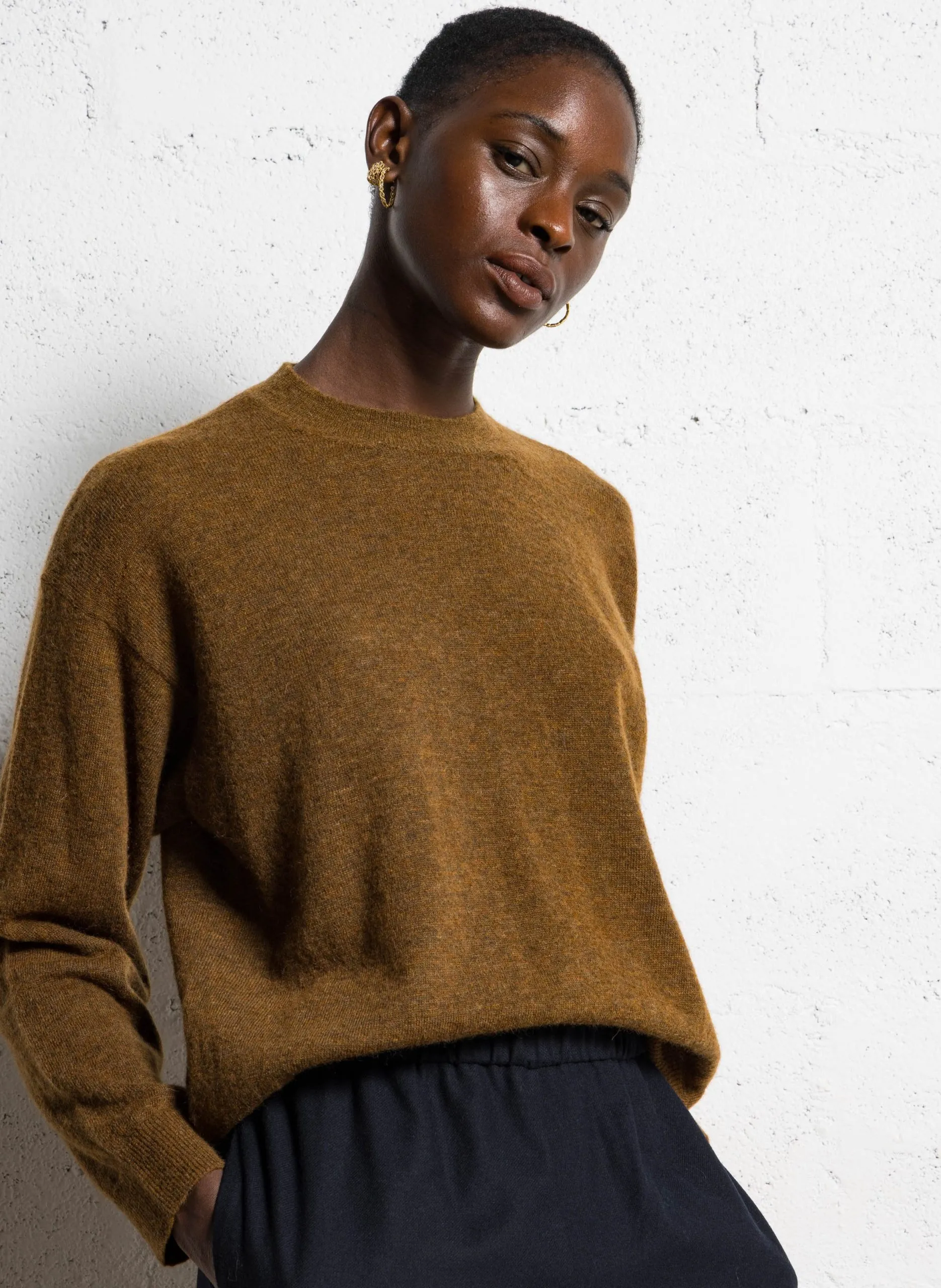 Pull ample uni en laine mélangée Marron