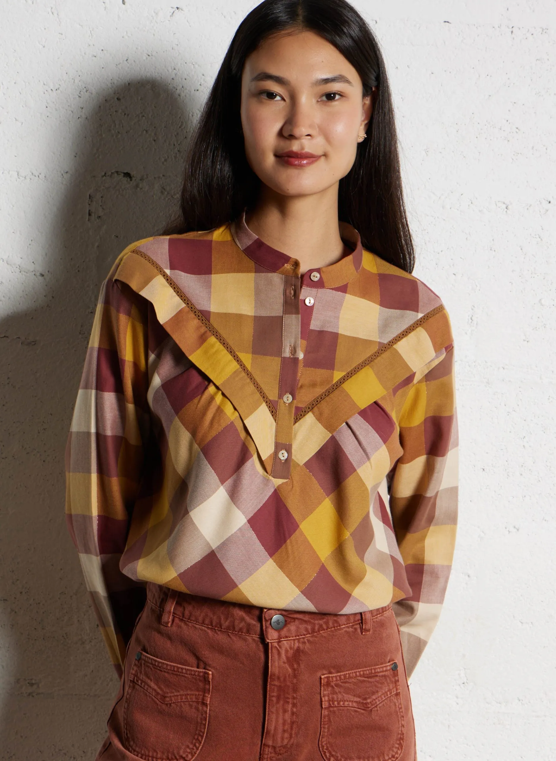 Blouse col rond à carreaux Orange