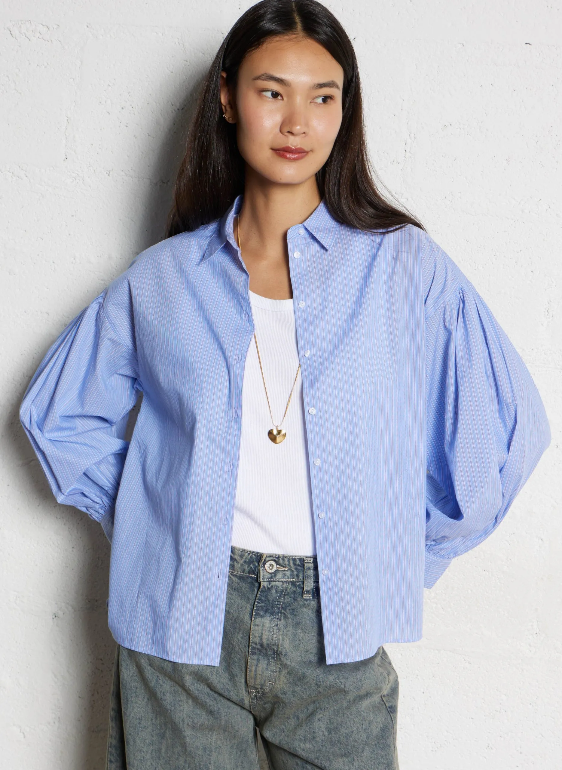 Chemise ample col classique rayée en coton Bleu CALINOU