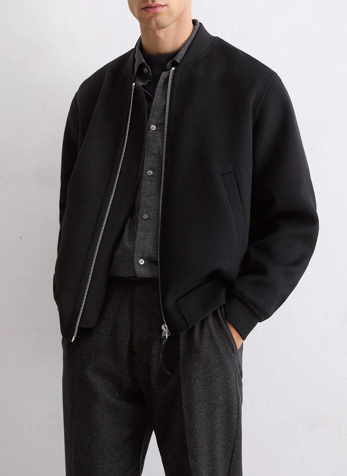 Veste droite zippée unie en laine mélangée Noir