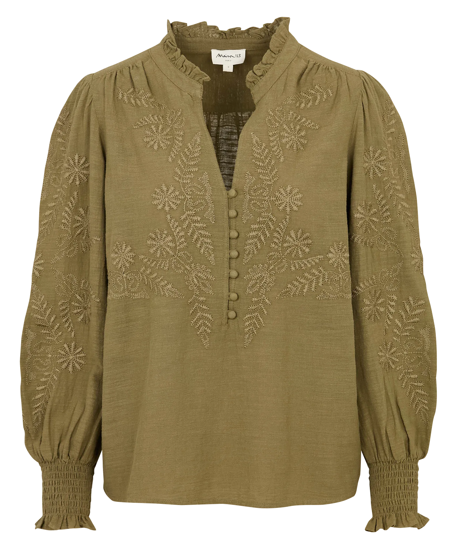 Blouse brodée en coton Kaki MALIA