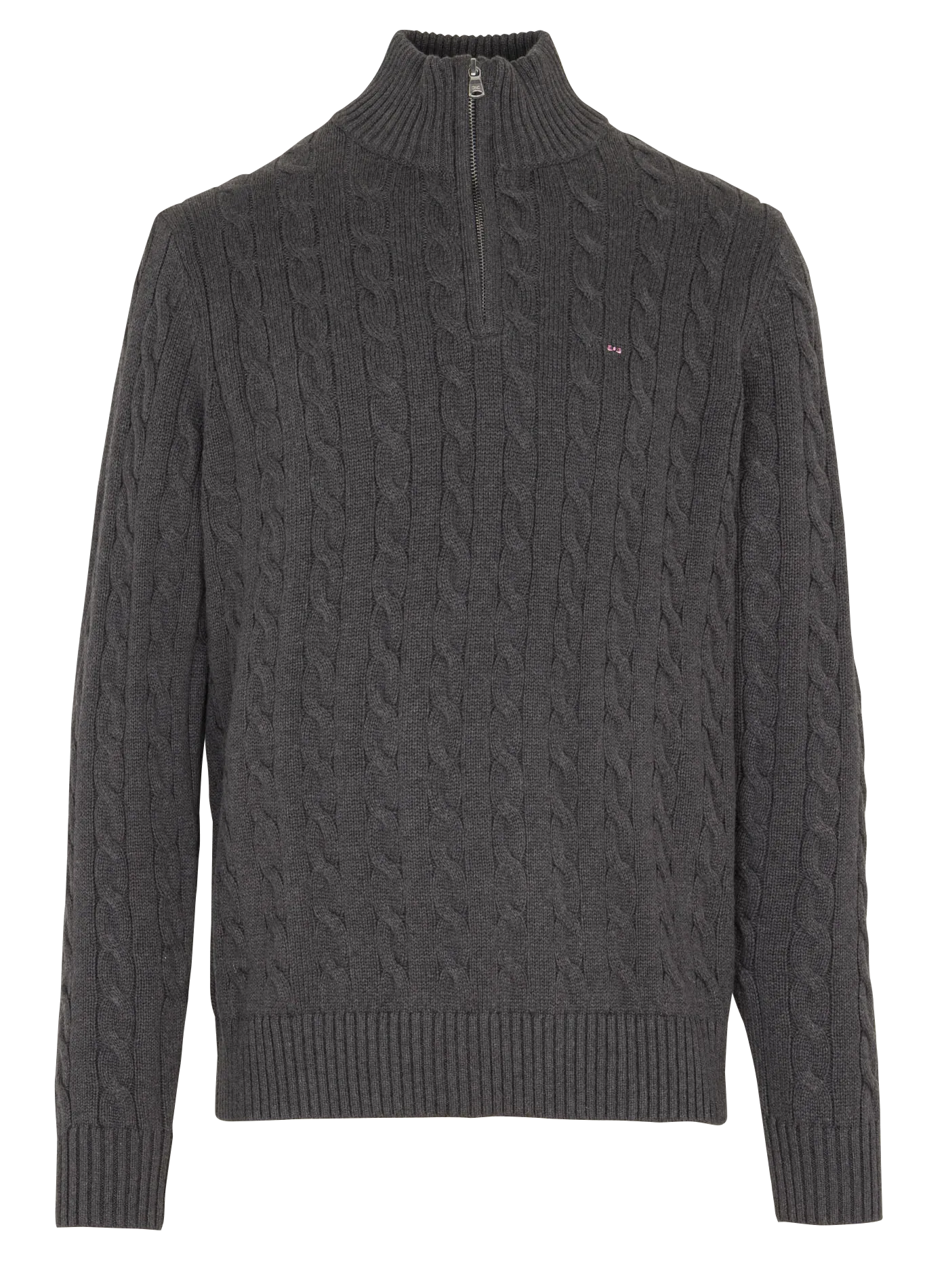 Pull droit col montant brodé en coton torsadé Gris