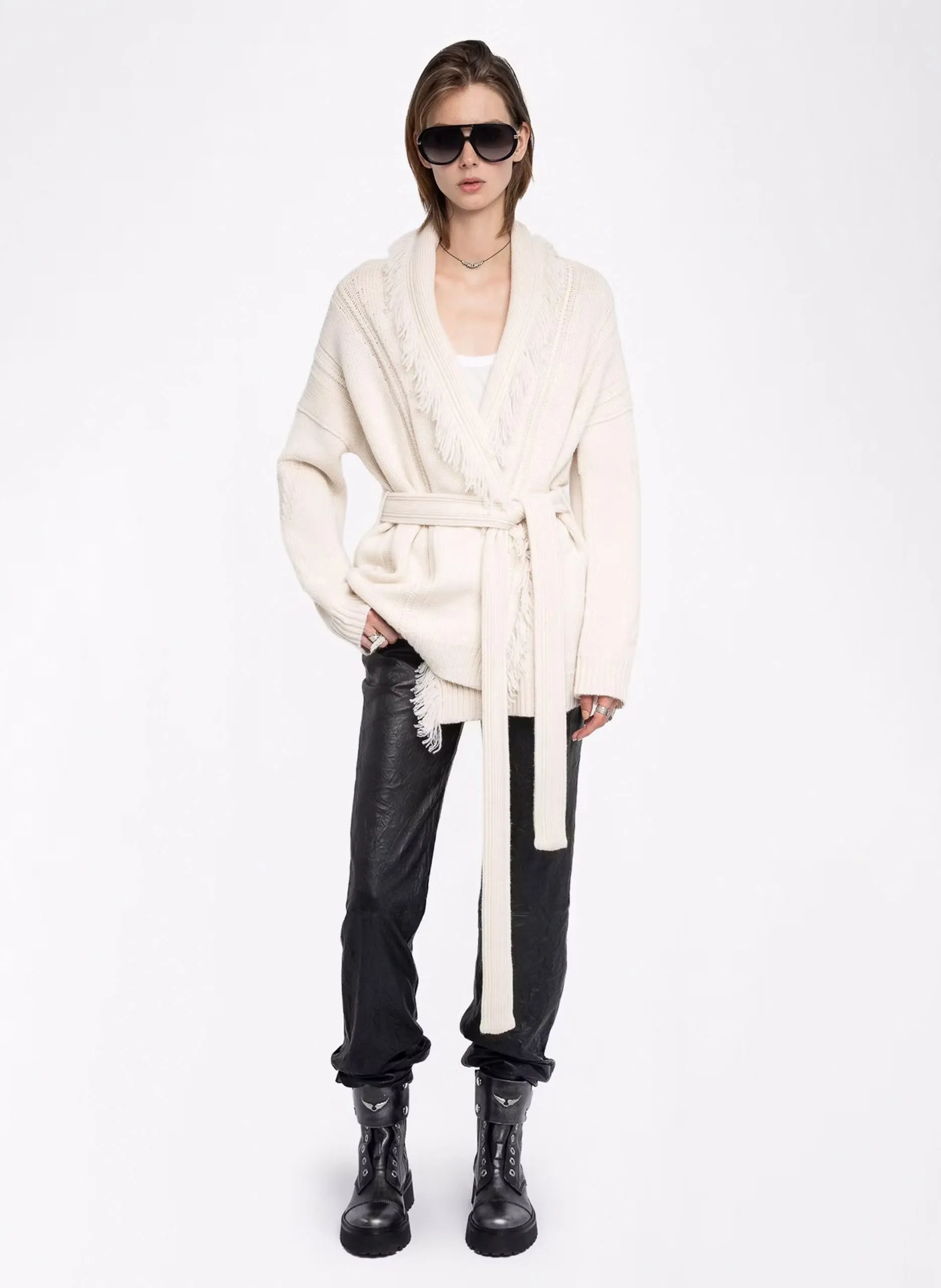 Manteau cardigan ceinturé avec franges Blanc ALPA