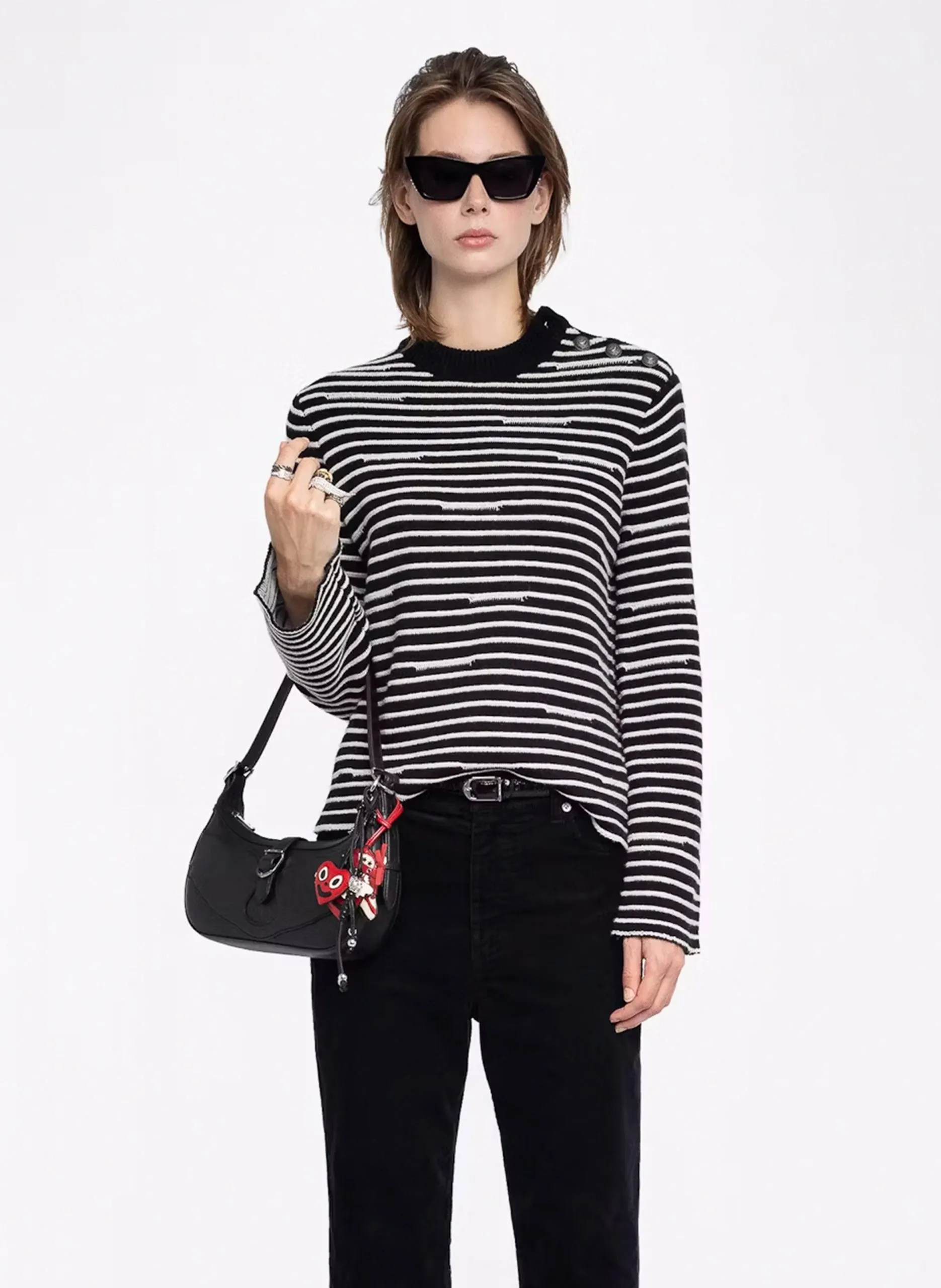 Pull droit rayé en laine et cachemire Noir SPIKY